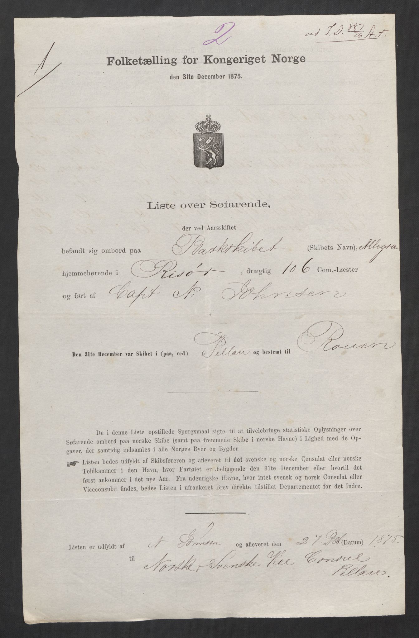 RA, Folketelling 1875, skipslister: Skip i utenrikske havner, hjemmehørende i byer og ladesteder, Fredrikshald - Arendal, 1875, s. 891