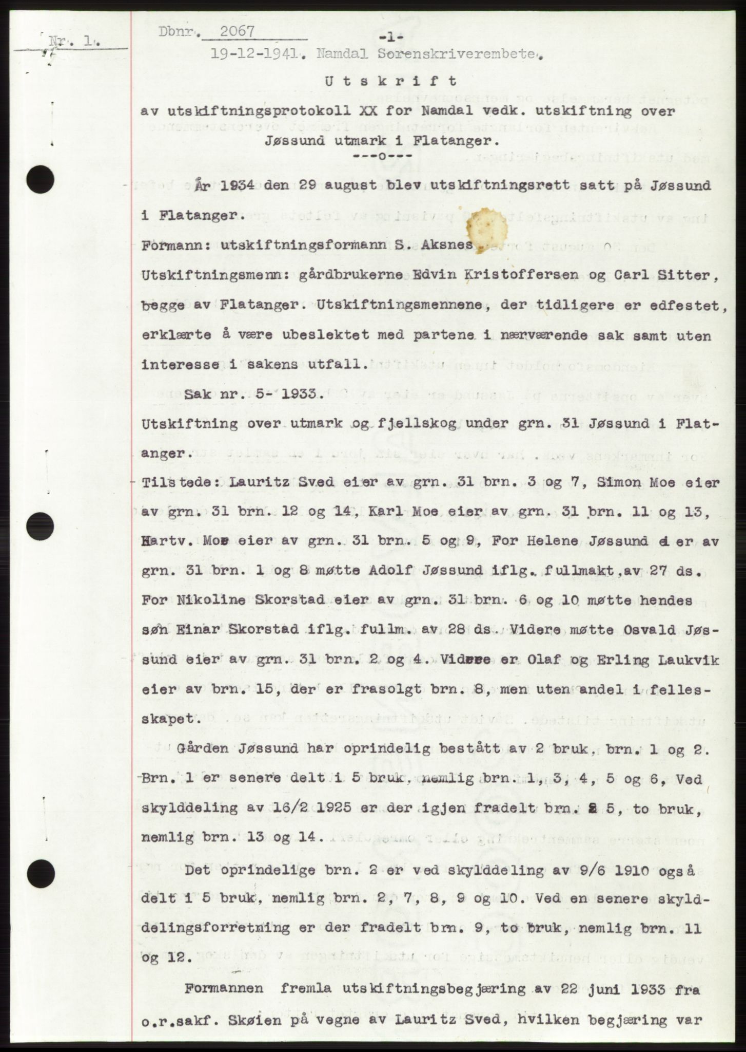 Namdal sorenskriveri, SAT/A-4133/1/2/2C: Pantebok nr. -, 1941-1942, Dagboknr: 2067/1941