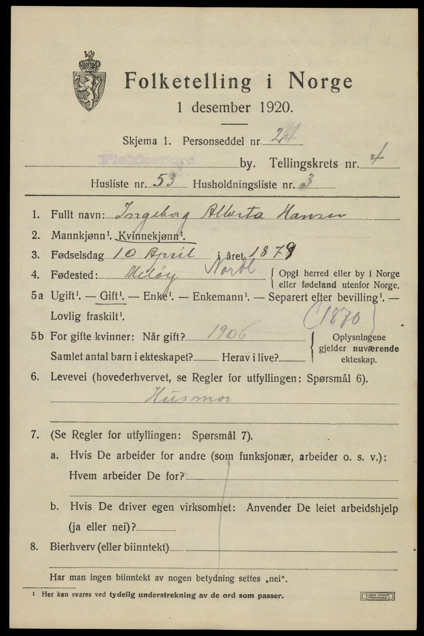 SAK, Folketelling 1920 for 1004 Flekkefjord kjøpstad, 1920, s. 5124