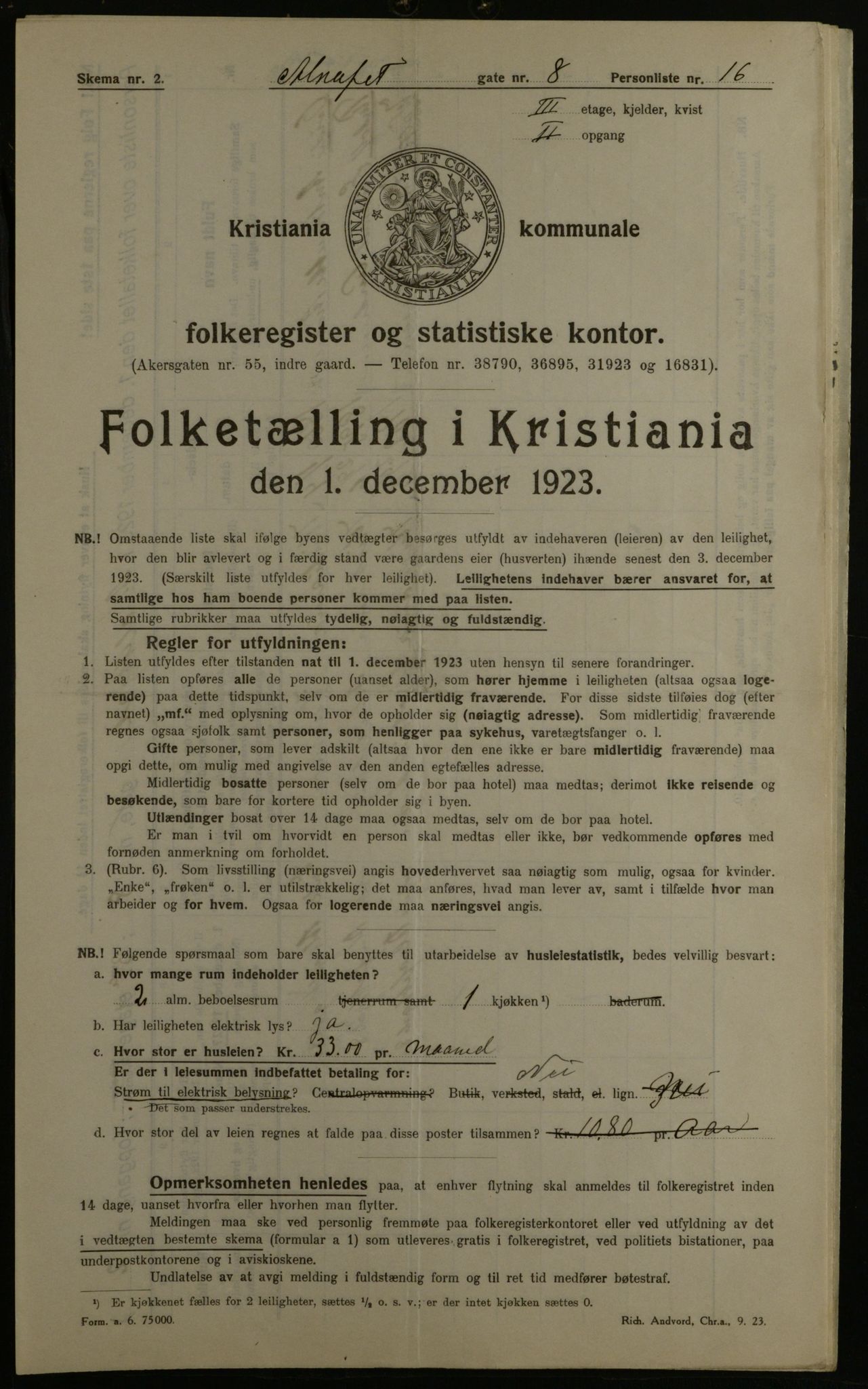 OBA, Kommunal folketelling 1.12.1923 for Kristiania, 1923, s. 1405