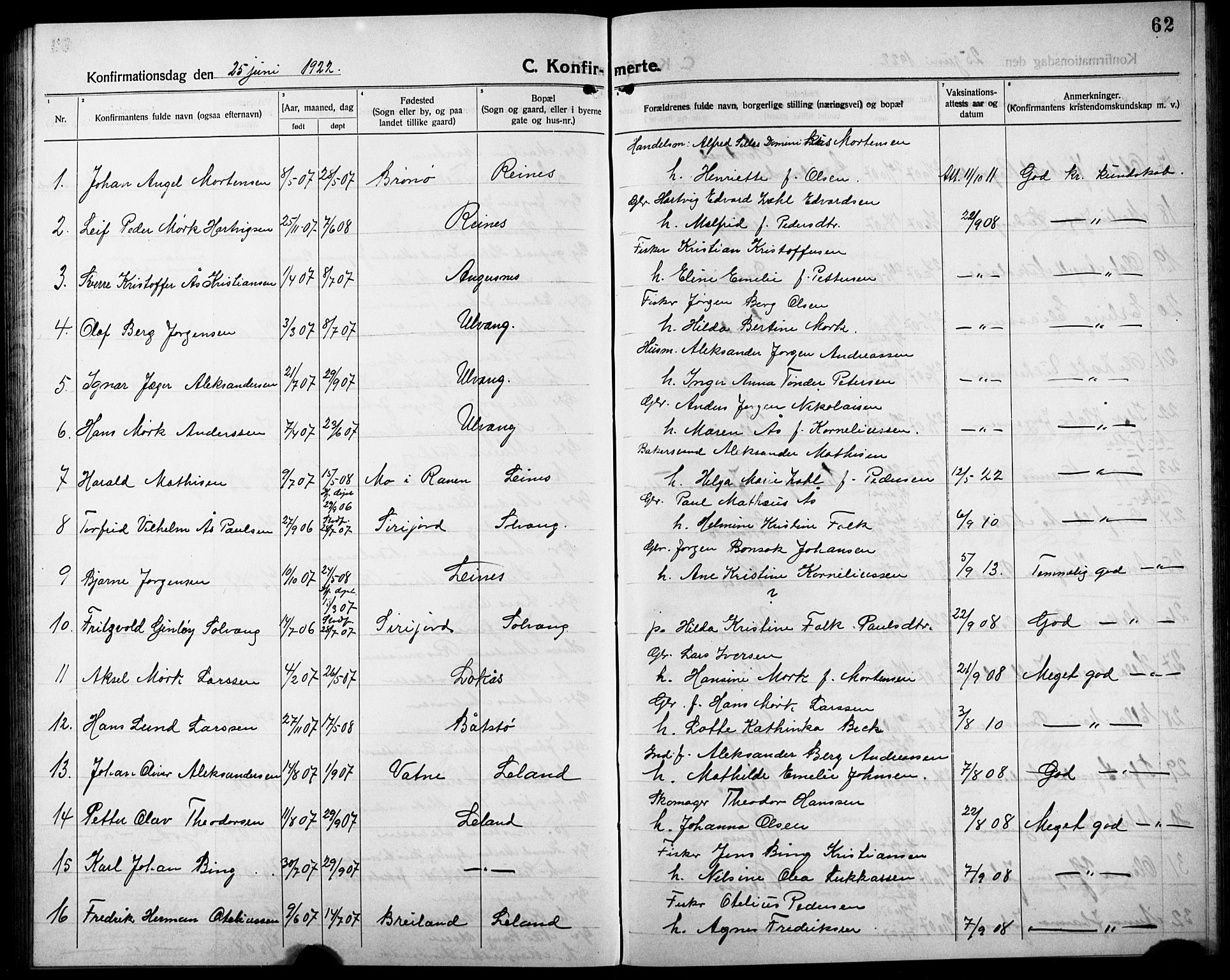 Ministerialprotokoller, klokkerbøker og fødselsregistre - Nordland, AV/SAT-A-1459/832/L0495: Klokkerbok nr. 832C02, 1920-1932, s. 62