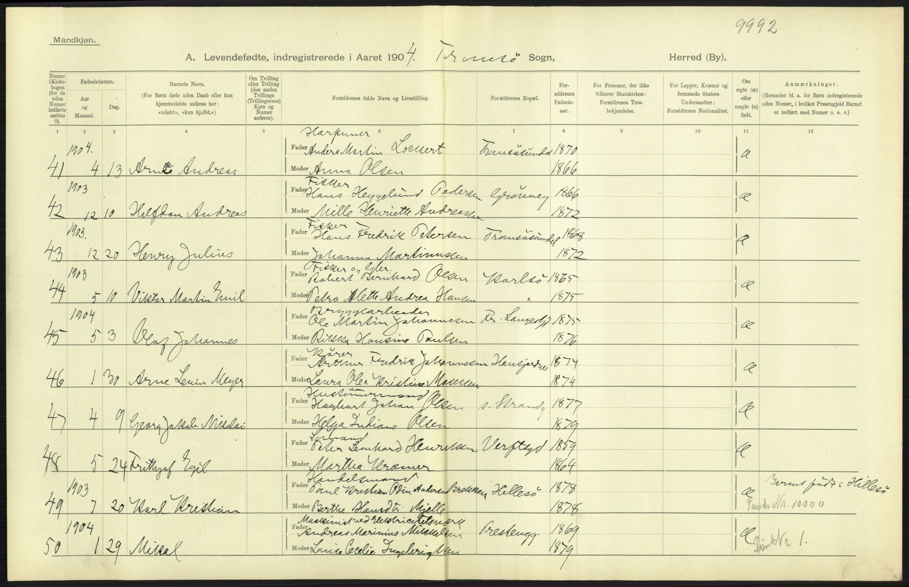 Statistisk sentralbyrå, Sosiodemografiske emner, Befolkning, AV/RA-S-2228/D/Df/Dfa/Dfab/L0022: Tromsø amt: Fødte, gifte, døde, 1904, s. 269