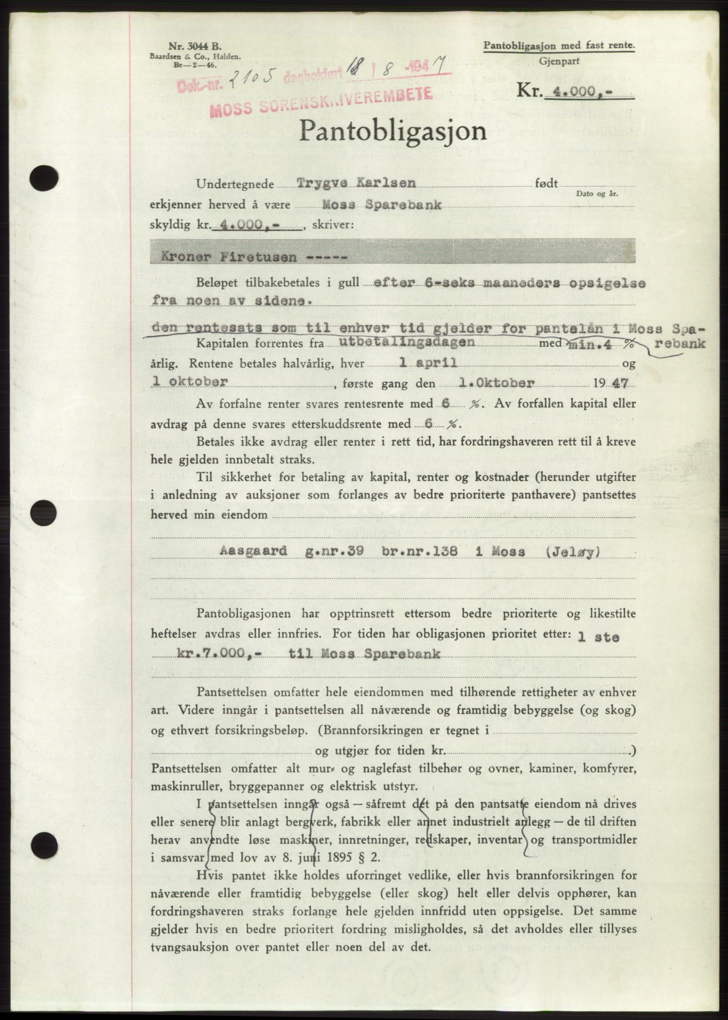 Moss sorenskriveri, SAO/A-10168: Pantebok nr. B17, 1947-1947, Dagboknr: 2105/1947