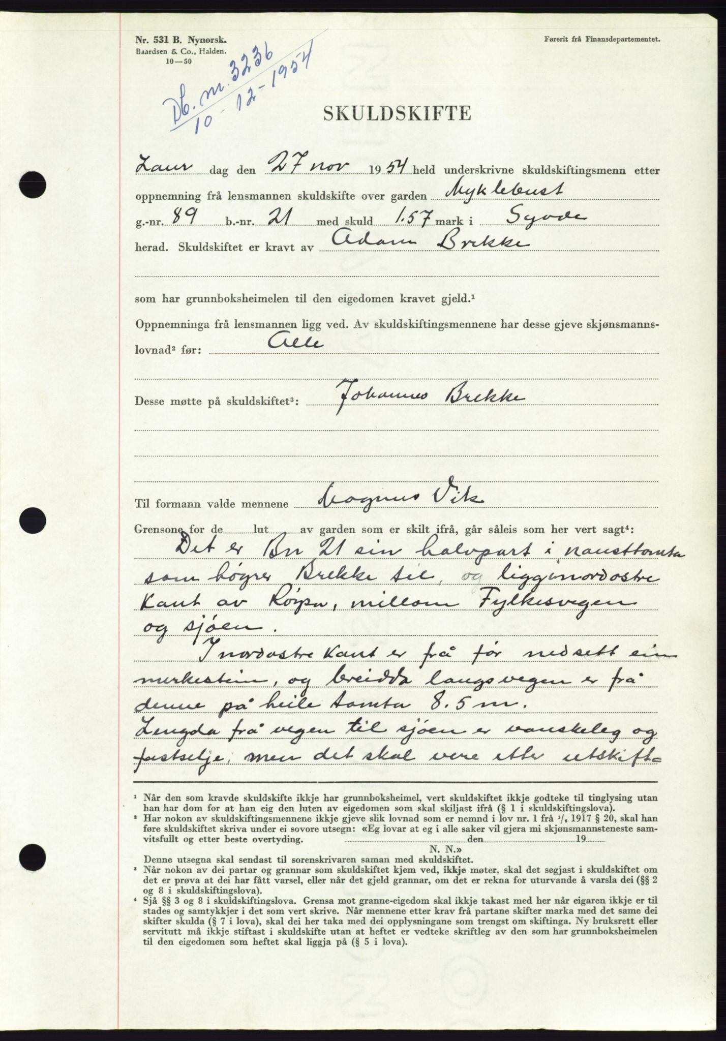 Søre Sunnmøre sorenskriveri, AV/SAT-A-4122/1/2/2C/L0099: Pantebok nr. 25A, 1954-1954, Dagboknr: 3236/1954