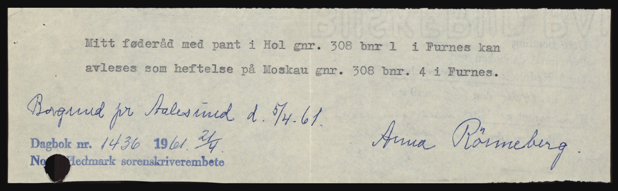 Nord-Hedmark sorenskriveri, SAH/TING-012/H/Hc/L0015: Pantebok nr. 15, 1961-1961, Dagboknr: 1436/1961
