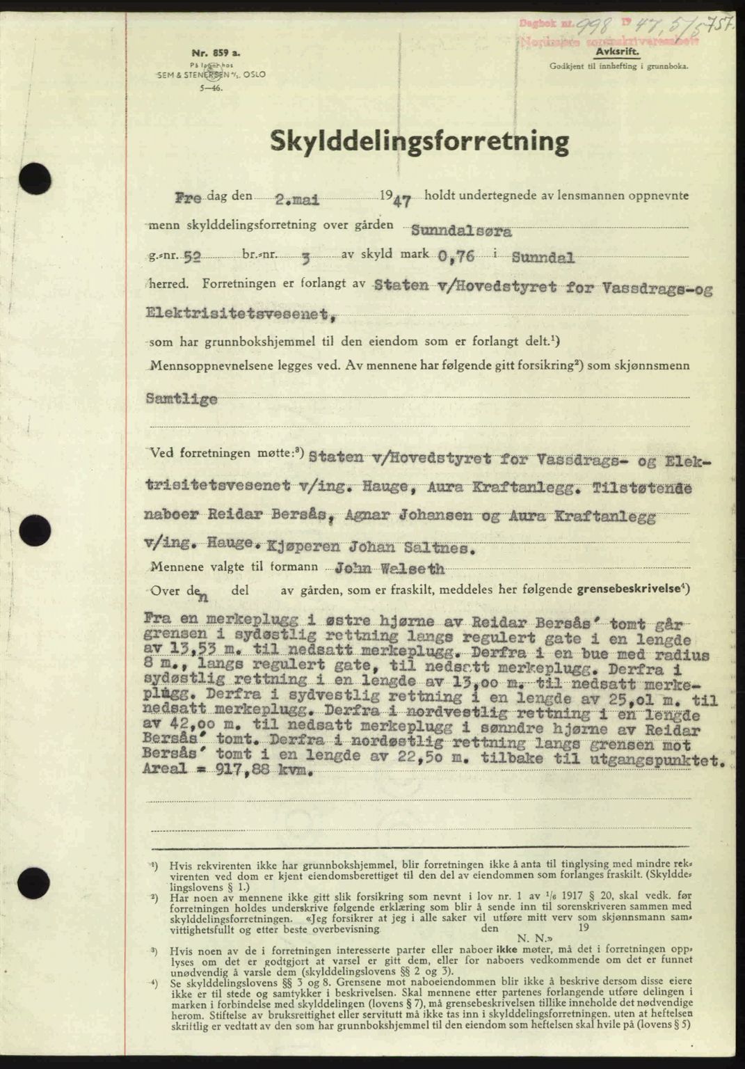 Nordmøre sorenskriveri, SAT/A-4132/1/2/2Ca: Pantebok nr. A104, 1947-1947, Dagboknr: 998/1947