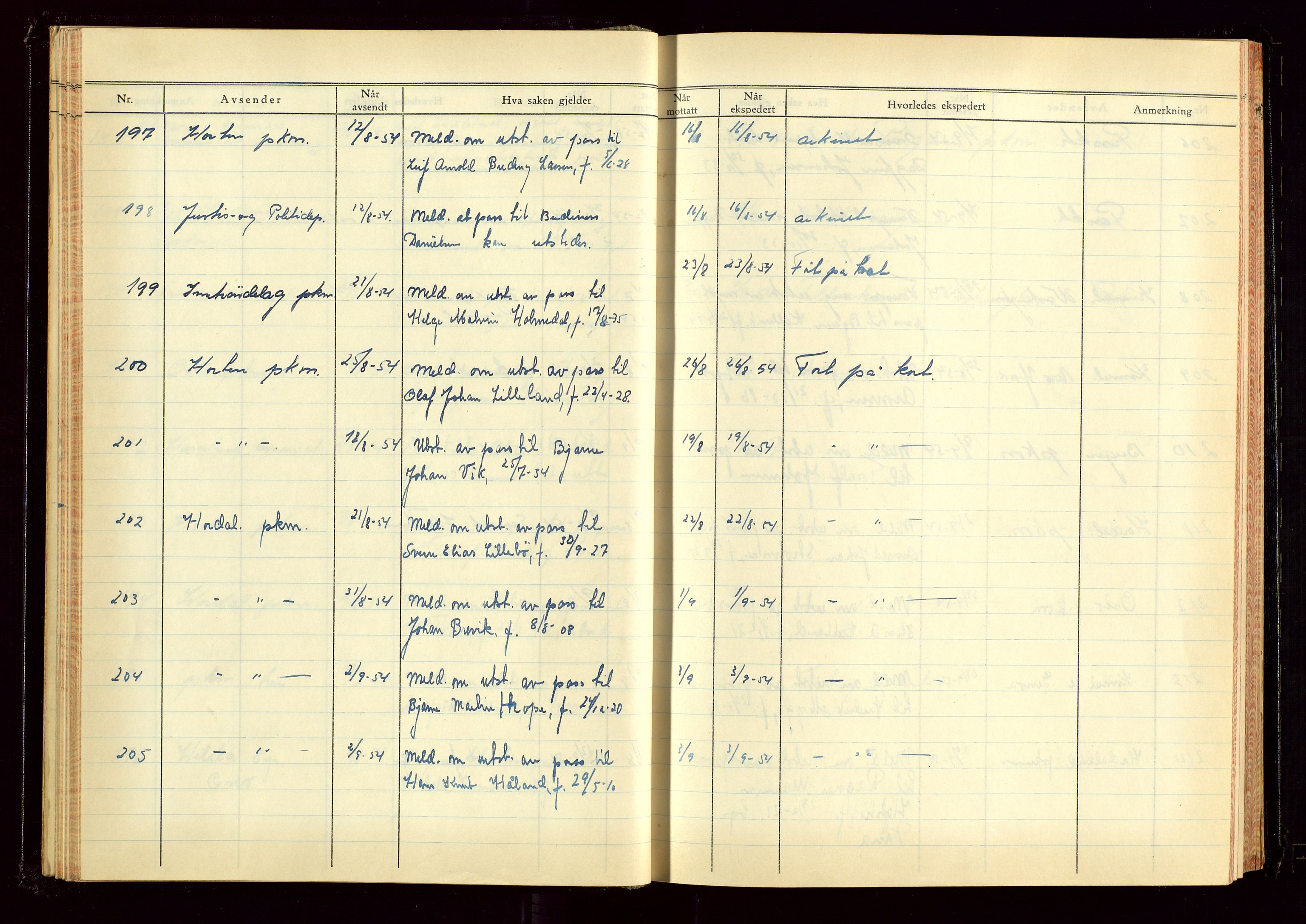 Haugesund politikammer, AV/SAST-A-100440/K/L0007: Passjournal (16 12 53-07 1065), 1953-1965, s. 27