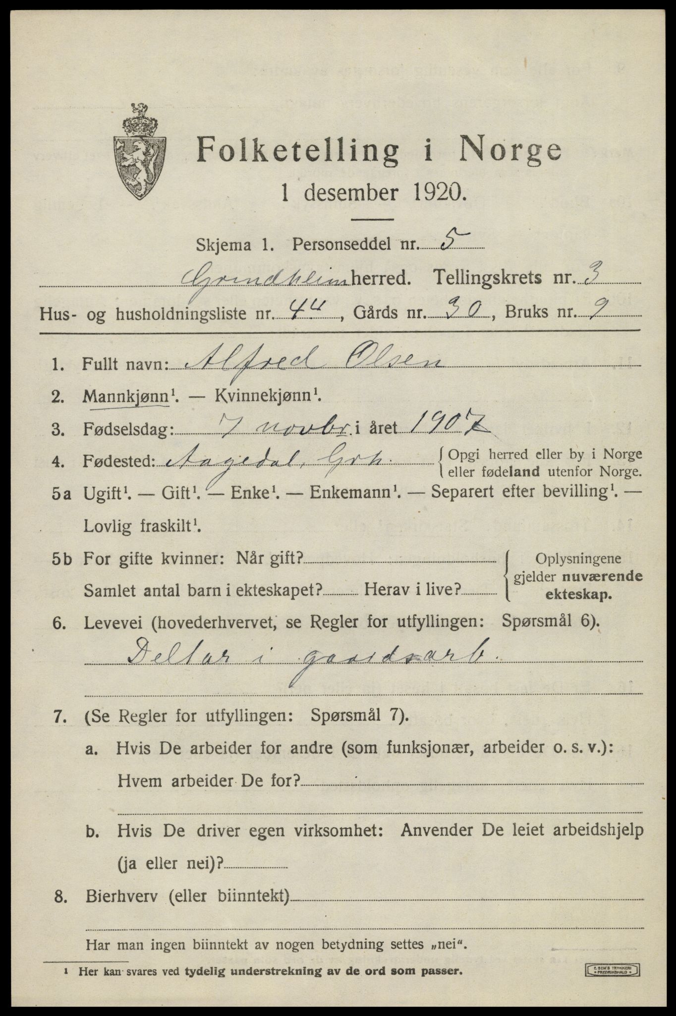 SAK, Folketelling 1920 for 1025 Grindheim herred, 1920, s. 1389
