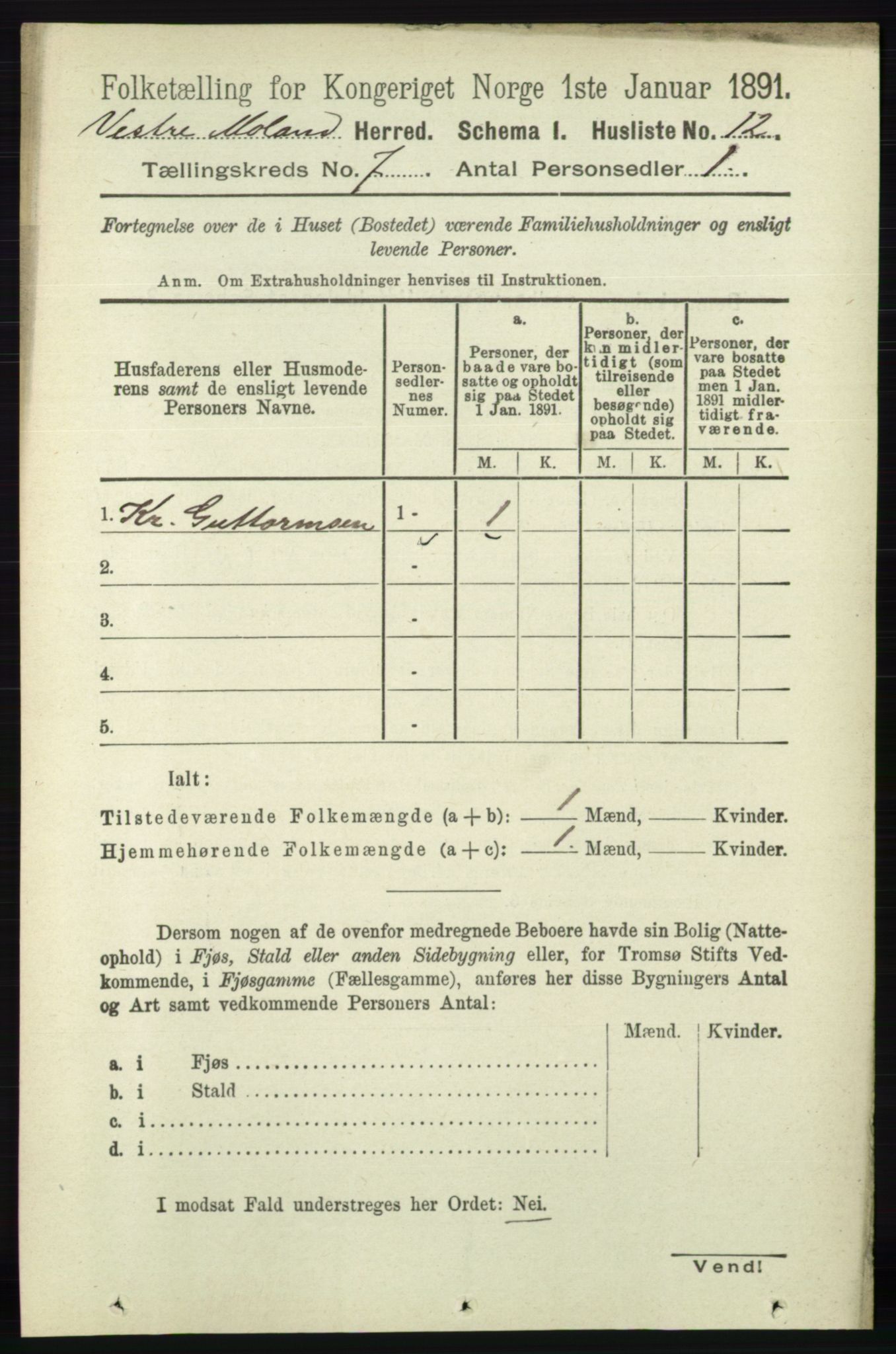 RA, Folketelling 1891 for 0926 Vestre Moland herred, 1891, s. 2771