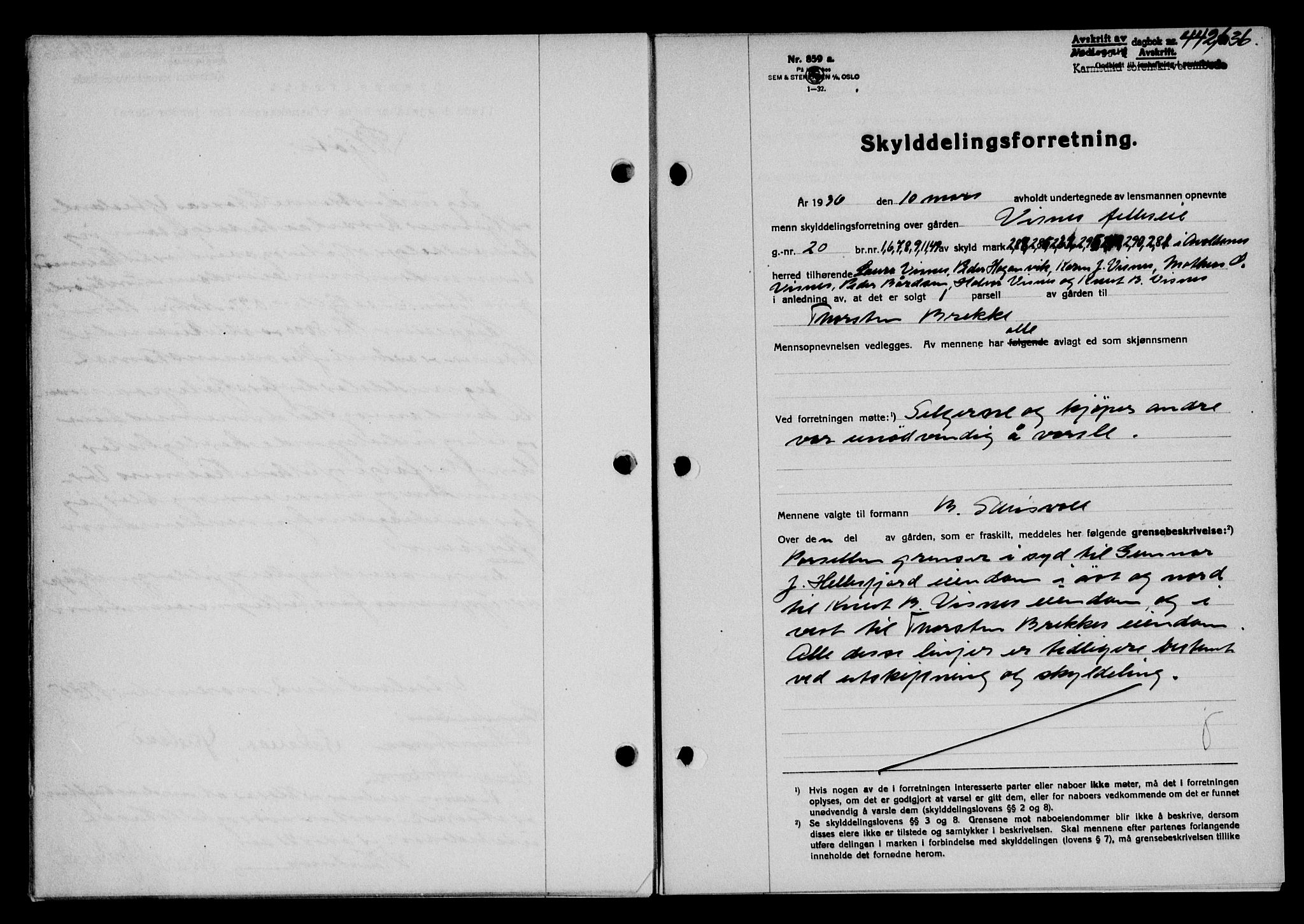 Karmsund sorenskriveri, SAST/A-100311/01/II/IIB/L0066: Pantebok nr. 47A, 1936-1936, Dagboknr: 442/1936