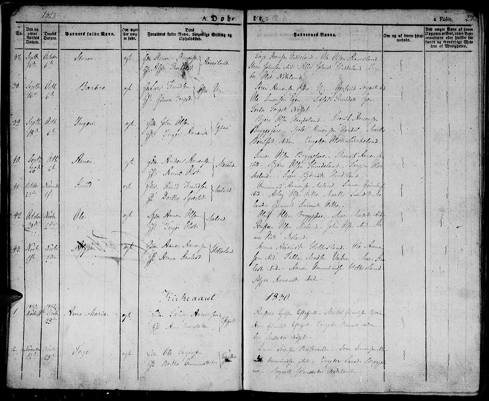 Hægebostad sokneprestkontor, SAK/1111-0024/F/Fa/Fab/L0001: Ministerialbok nr. A 1, 1823-1867, s. 27