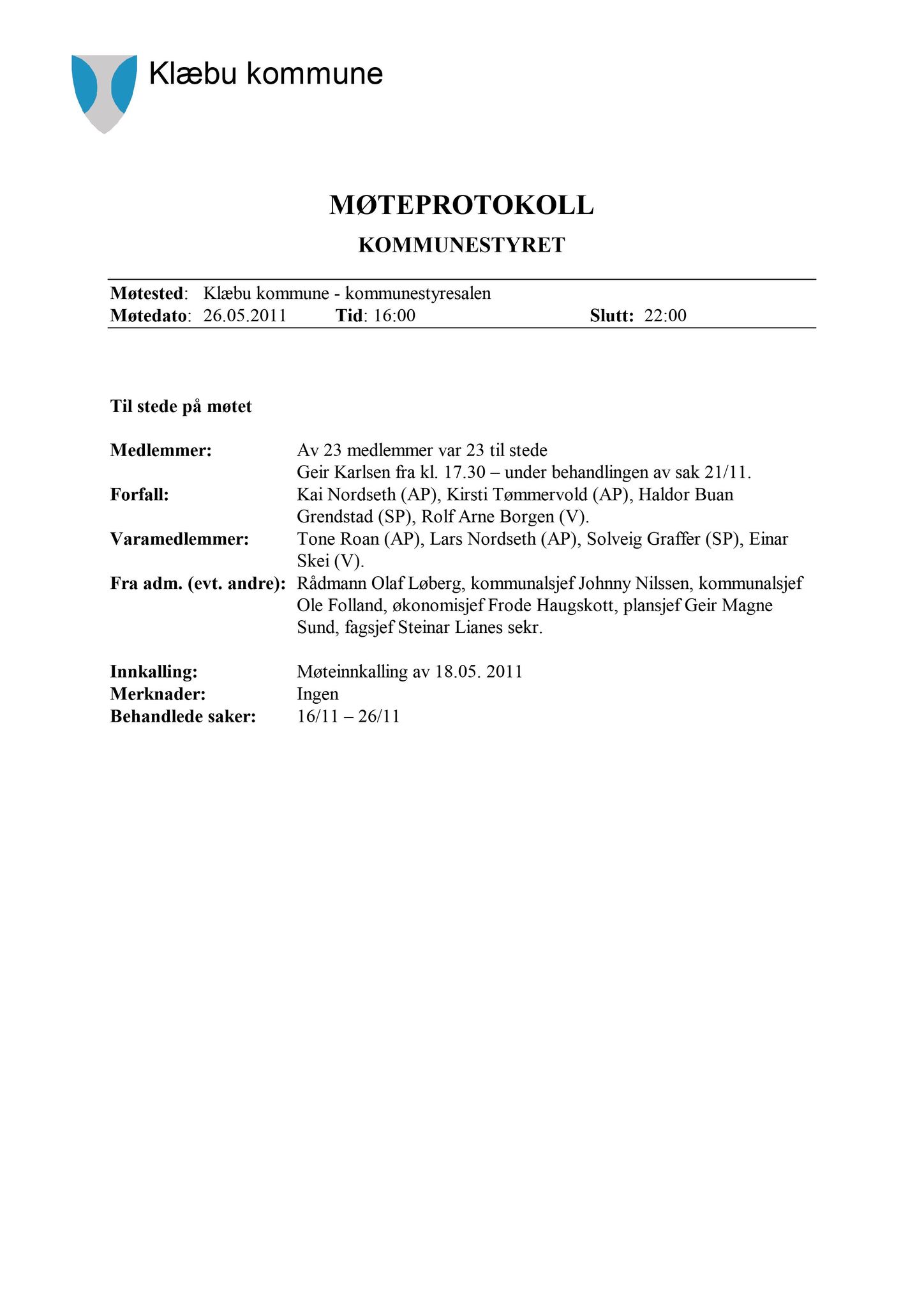 Klæbu Kommune, TRKO/KK/01-KS/L004: Kommunestyret - Møtedokumenter, 2011, s. 950