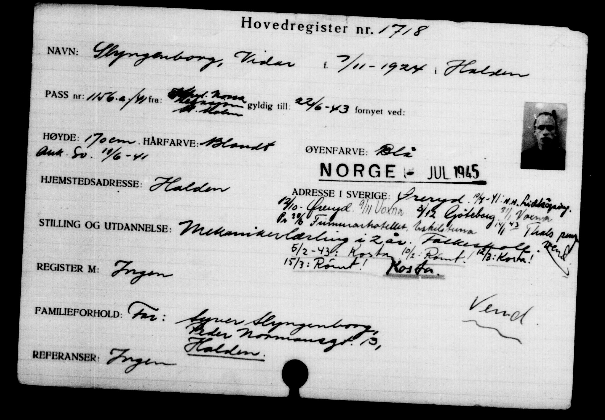 Utenriksstasjonene, Legasjonen i Stockholm, Flyktningkontoret, AV/RA-S-6753/V/Va/L0002: Kjesäterkartoteket, flyktninger med registreringsnr. 1001-2000, 1940-1945, s. 1021