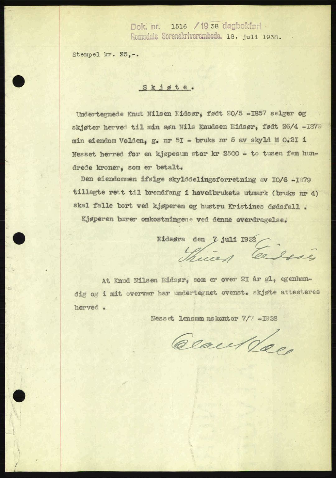 Romsdal sorenskriveri, SAT/A-4149/1/2/2C: Pantebok nr. A5, 1938-1938, Dagboknr: 1516/1938