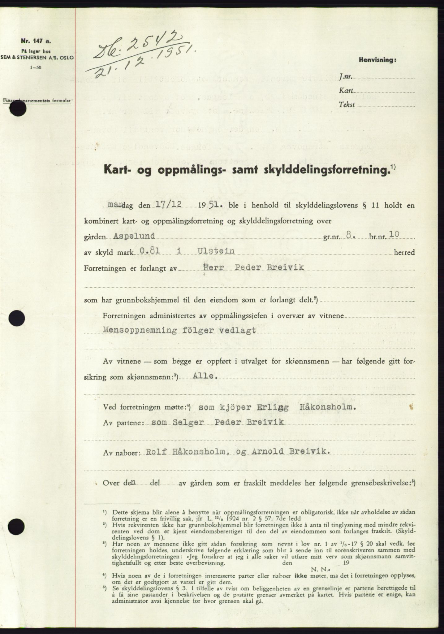 Søre Sunnmøre sorenskriveri, SAT/A-4122/1/2/2C/L0091: Pantebok nr. 17A, 1951-1952, Dagboknr: 2542/1951