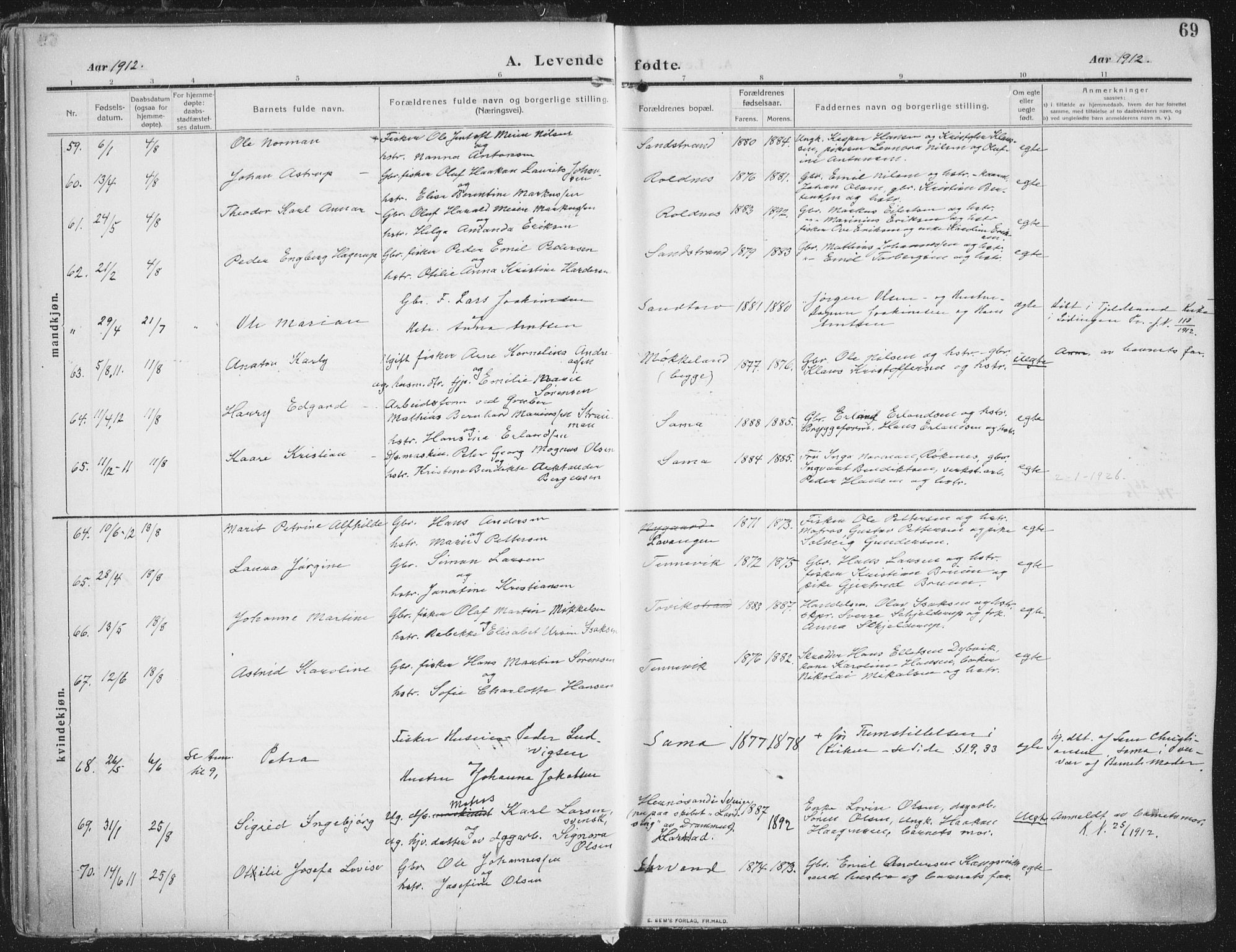 Trondenes sokneprestkontor, AV/SATØ-S-1319/H/Ha/L0018kirke: Ministerialbok nr. 18, 1909-1918, s. 69