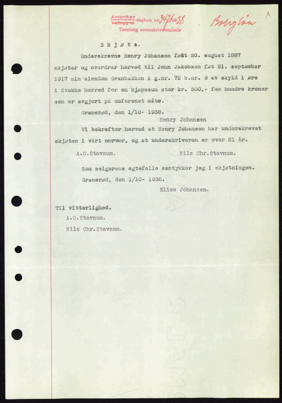 Jarlsberg sorenskriveri, SAKO/A-131/G/Ga/Gaa/L0006: Pantebok nr. A-6, 1938-1939, Dagboknr: 3471/1938