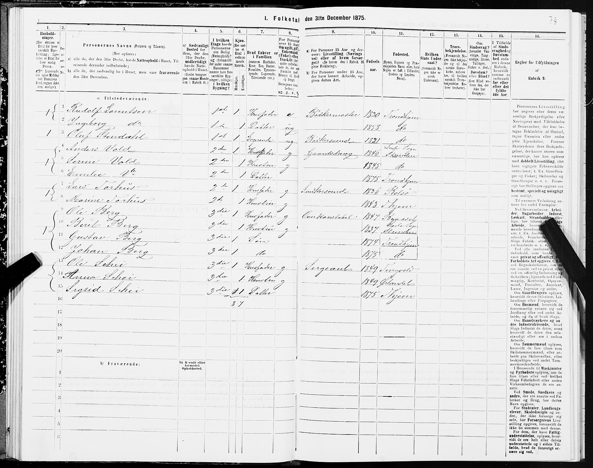 SAT, Folketelling 1875 for 1601 Trondheim kjøpstad, 1875, s. 7078