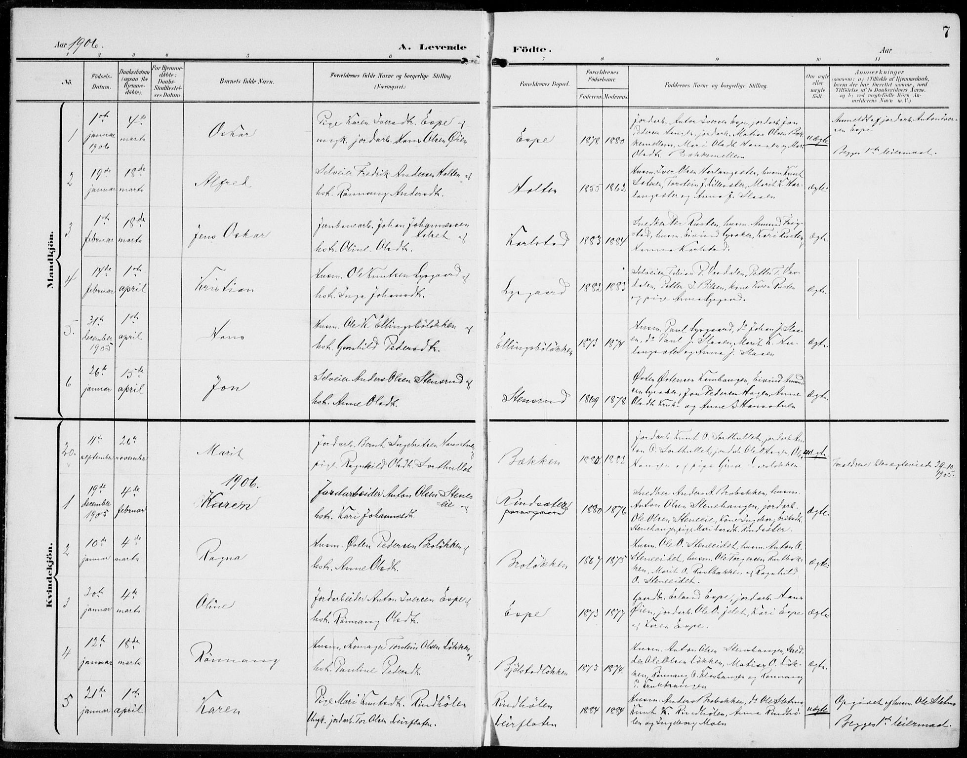 Sel prestekontor, AV/SAH-PREST-074/H/Ha/Haa/L0001: Ministerialbok nr. 1, 1905-1922, s. 7