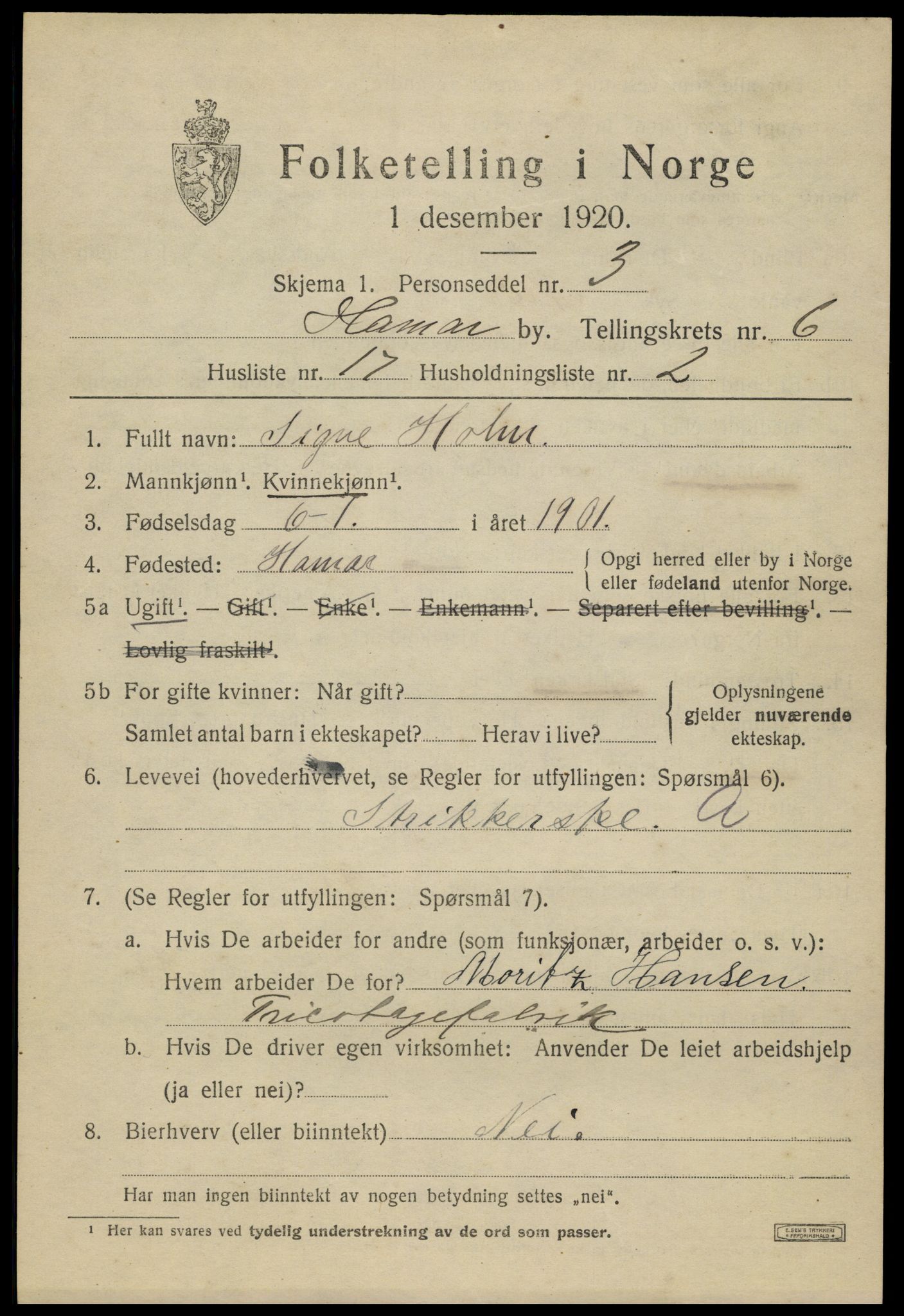 SAH, Folketelling 1920 for 0401 Hamar kjøpstad, 1920, s. 11425