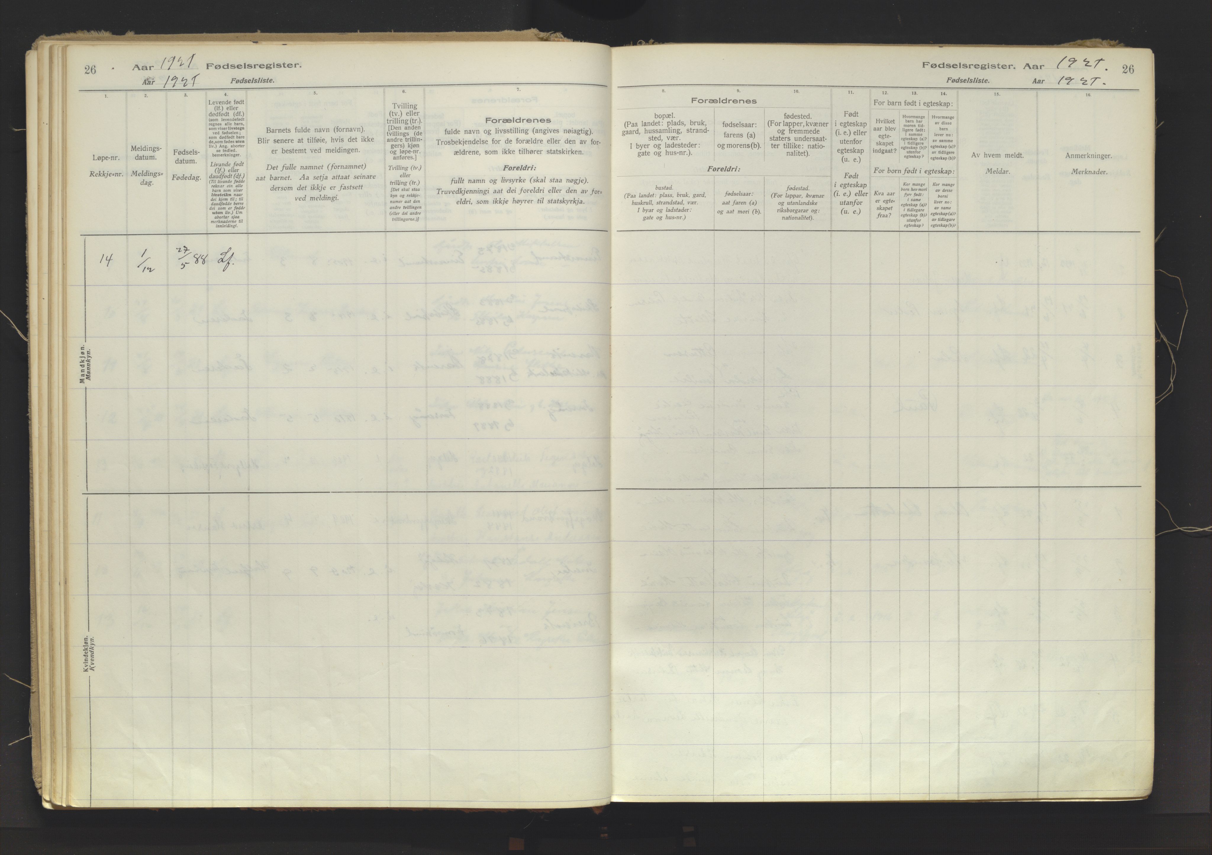 Karlsøy sokneprestembete, SATØ/S-1299/I/Ic/L0067: Fødselsregister nr. 67, 1916-1958, s. 26