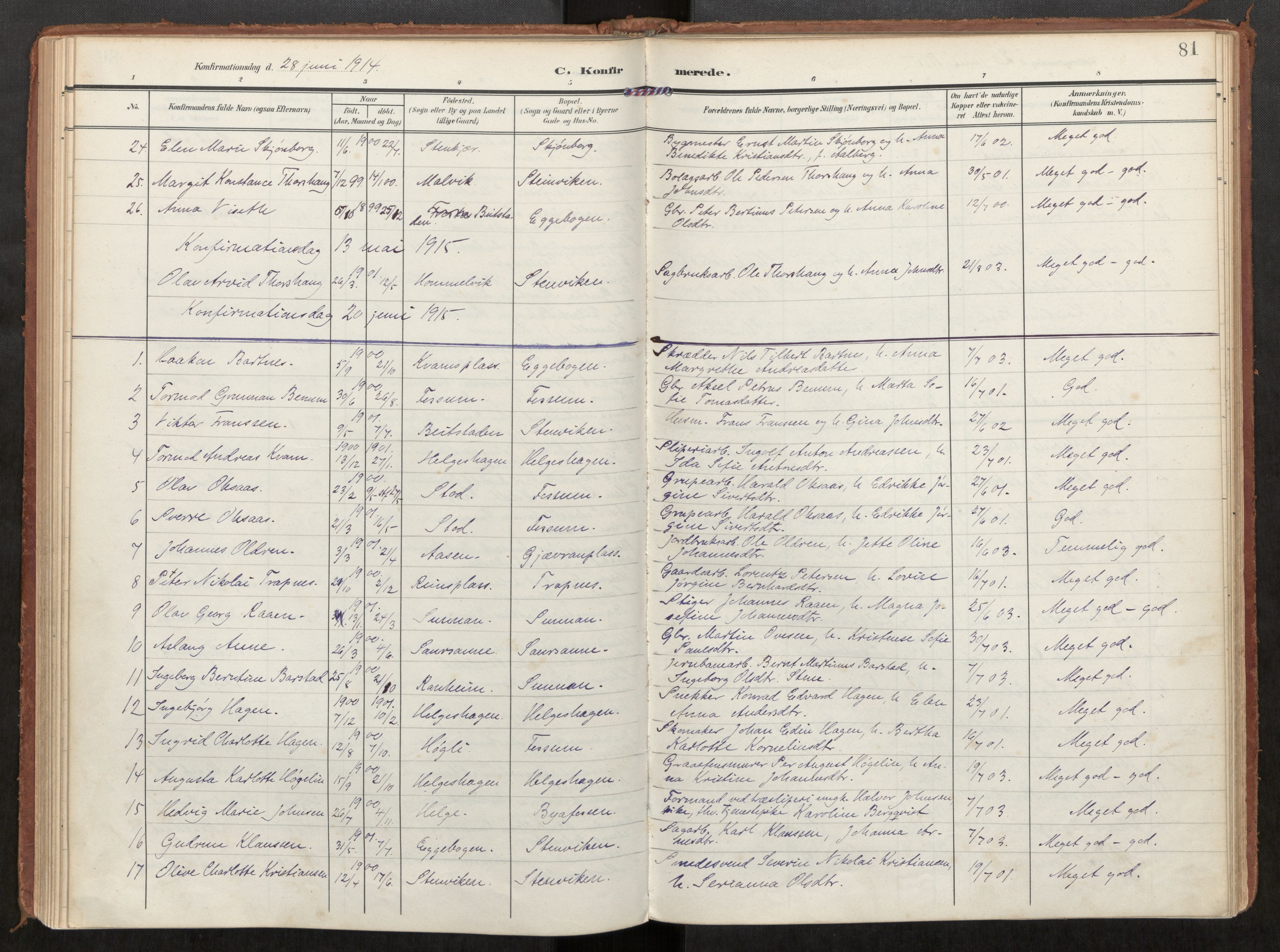 Steinkjer sokneprestkontor, AV/SAT-A-1541/01/H/Ha/Haa/L0002: Ministerialbok nr. 2, 1907-1917, s. 81