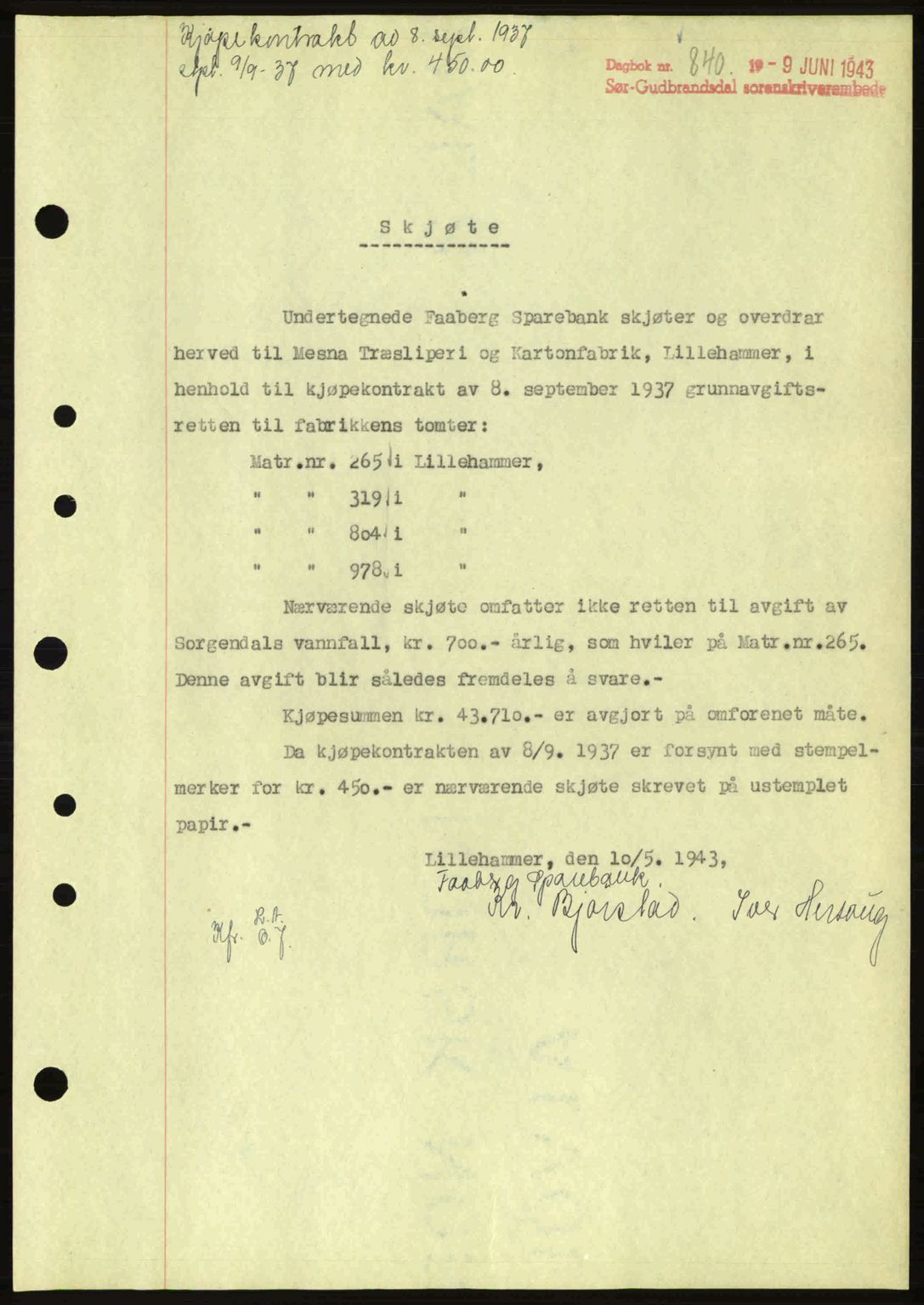 Sør-Gudbrandsdal tingrett, SAH/TING-004/H/Hb/Hbd/L0012: Pantebok nr. A12, 1943-1944, Dagboknr: 840/1943