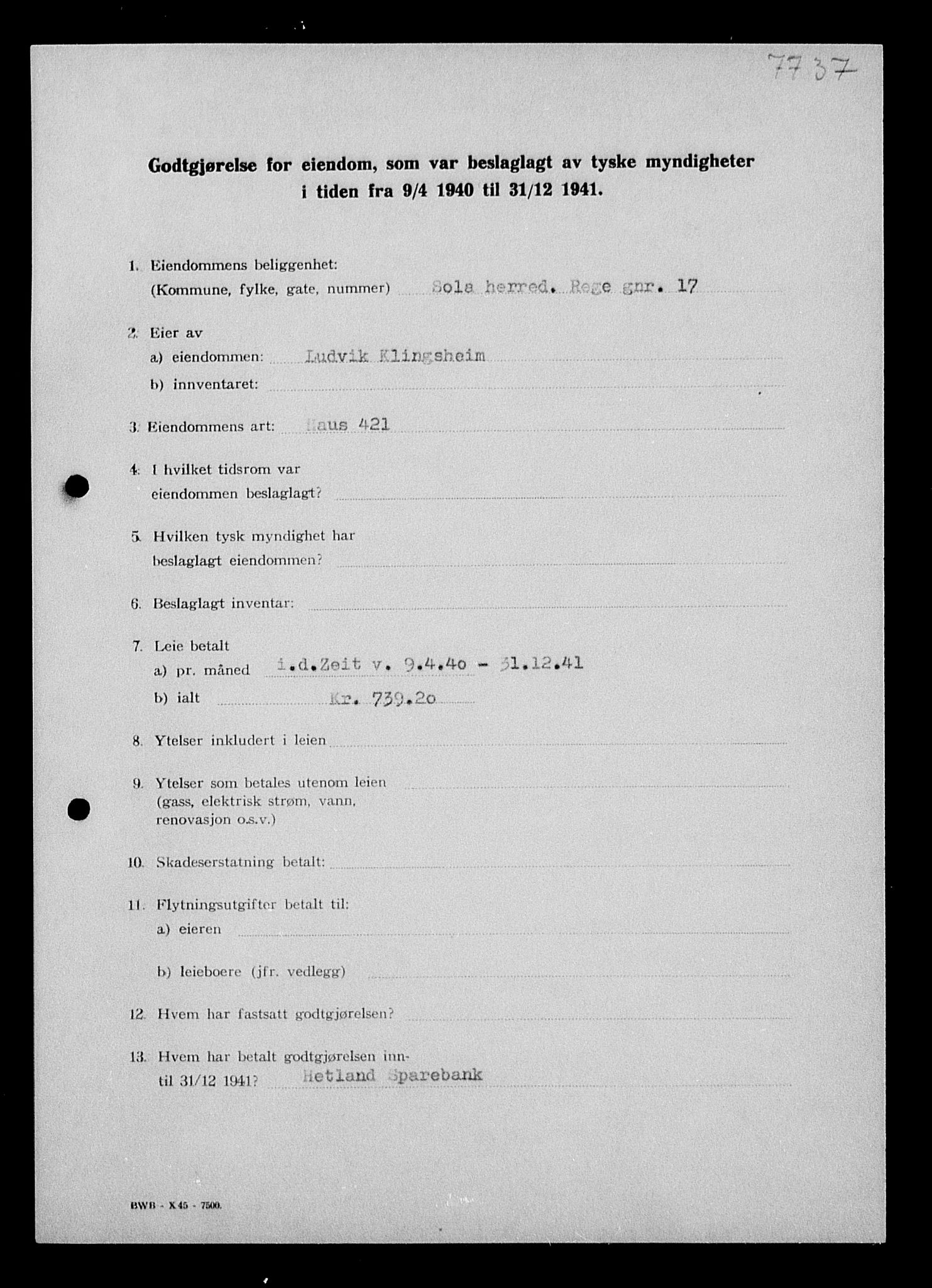 Justisdepartementet, Tilbakeføringskontoret for inndratte formuer, AV/RA-S-1564/I/L1014: Godtgjørelse for beslaglagt eiendom, 1940-1941, s. 418