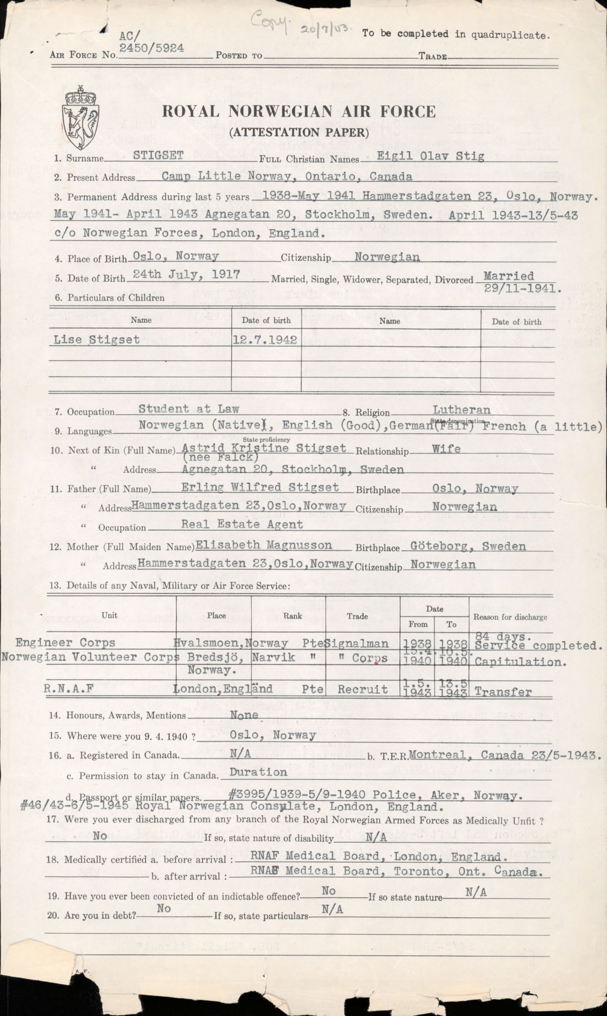 Forsvaret, Forsvarets overkommando/Luftforsvarsstaben, AV/RA-RAFA-4079/P/Pa/L0052: Personellpapirer, 1917, s. 70