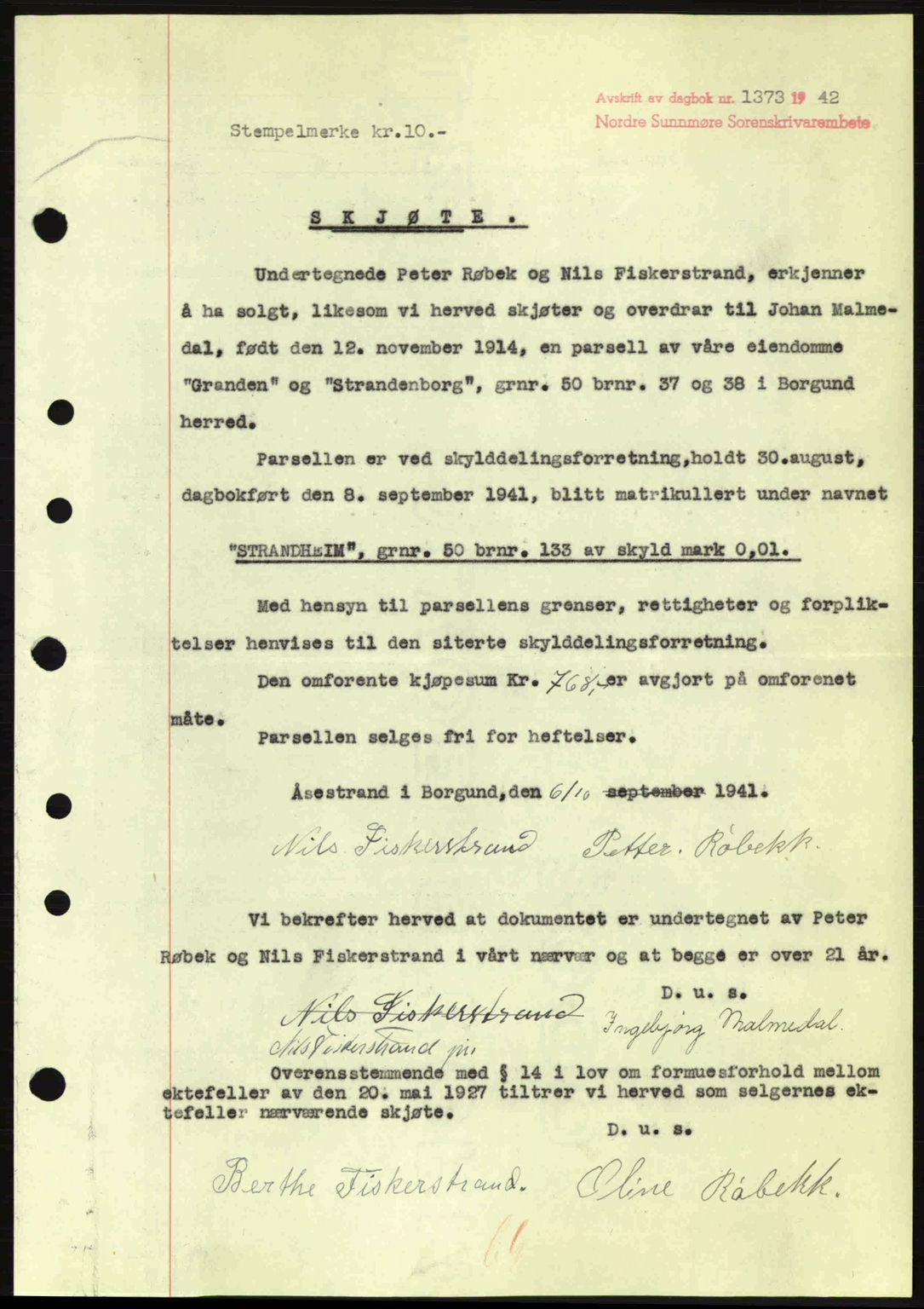 Nordre Sunnmøre sorenskriveri, SAT/A-0006/1/2/2C/2Ca: Pantebok nr. A14, 1942-1942, Dagboknr: 1373/1942