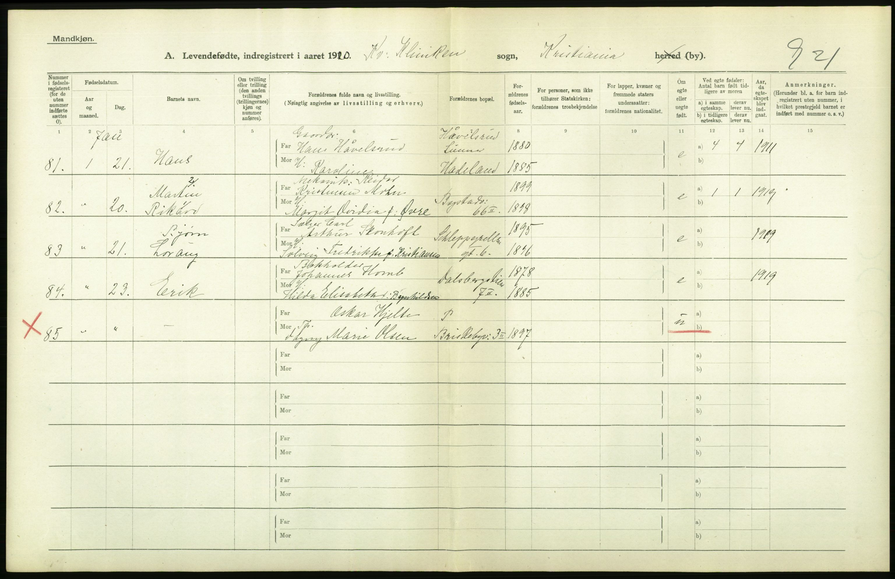 Statistisk sentralbyrå, Sosiodemografiske emner, Befolkning, RA/S-2228/D/Df/Dfb/Dfbj/L0008: Kristiania: Levendefødte menn og kvinner., 1920, s. 338