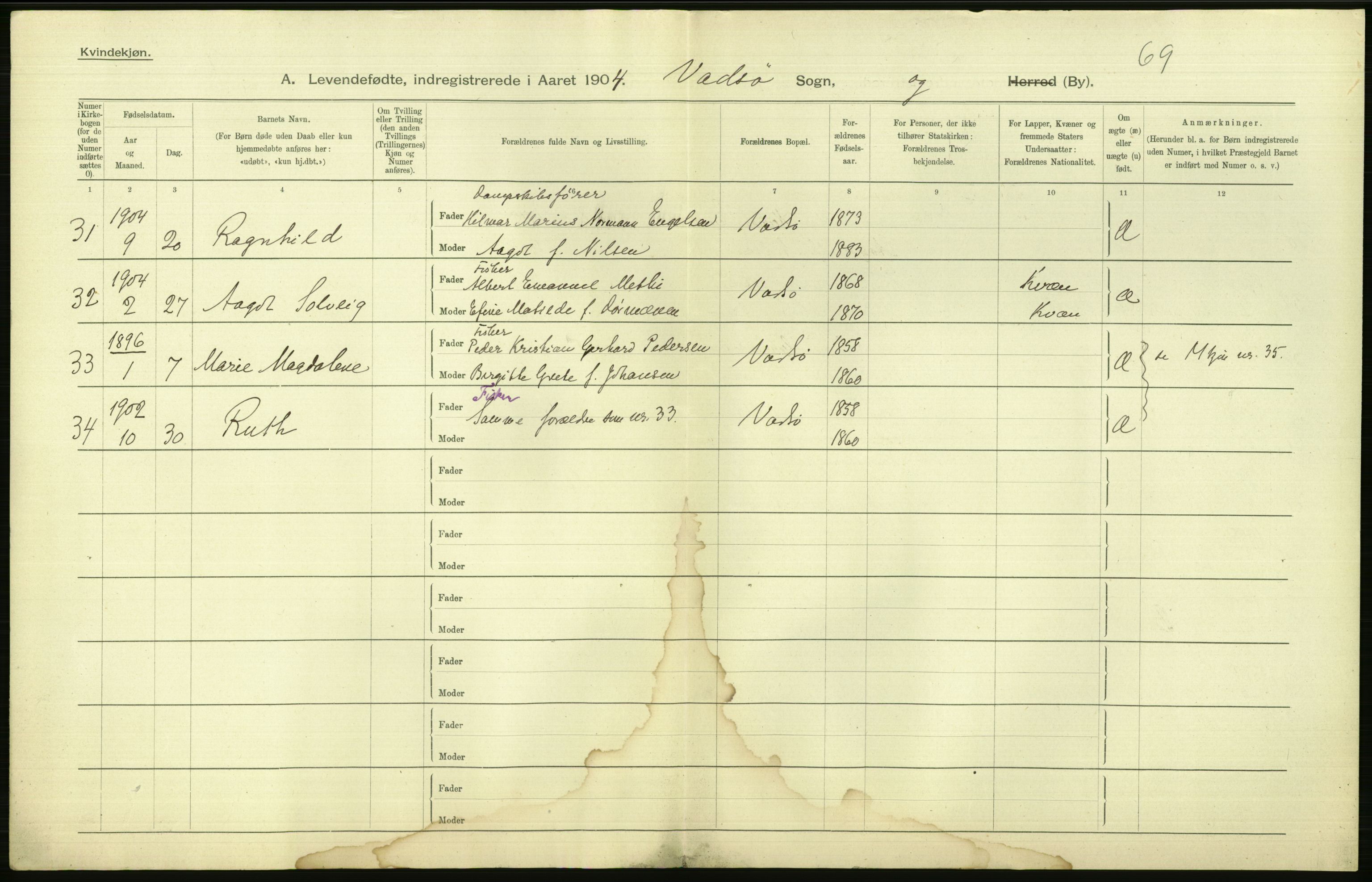 Statistisk sentralbyrå, Sosiodemografiske emner, Befolkning, AV/RA-S-2228/D/Df/Dfa/Dfab/L0023: Finnmarkens amt: Fødte, gifte, døde, 1904, s. 144