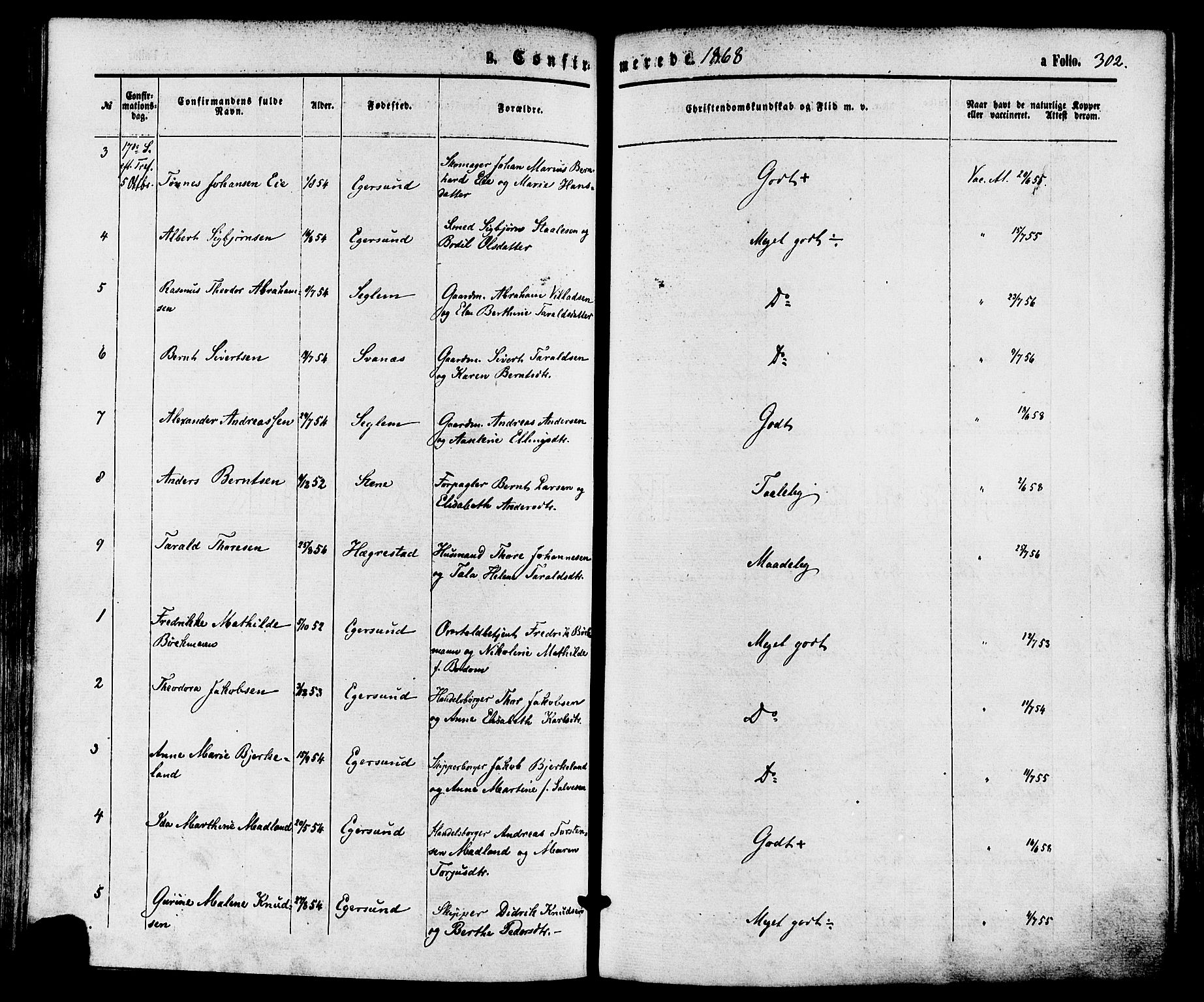 Eigersund sokneprestkontor, AV/SAST-A-101807/S08/L0014: Ministerialbok nr. A 13, 1866-1878, s. 302