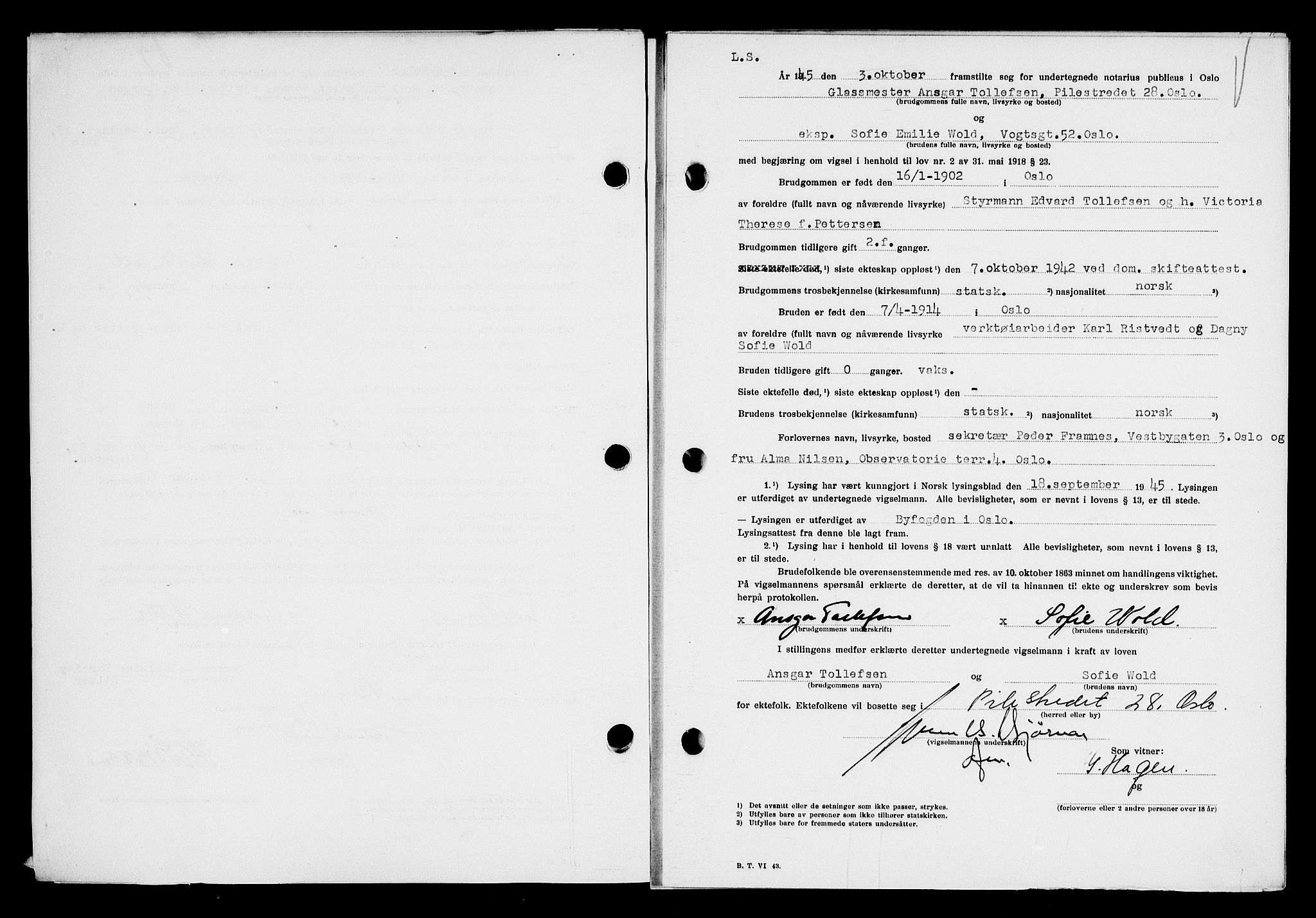 Oslo byfogd avd. I, AV/SAO-A-10220/L/Lb/Lbb/L0055: Notarialprotokoll, rekke II: Vigsler, 1945-1946