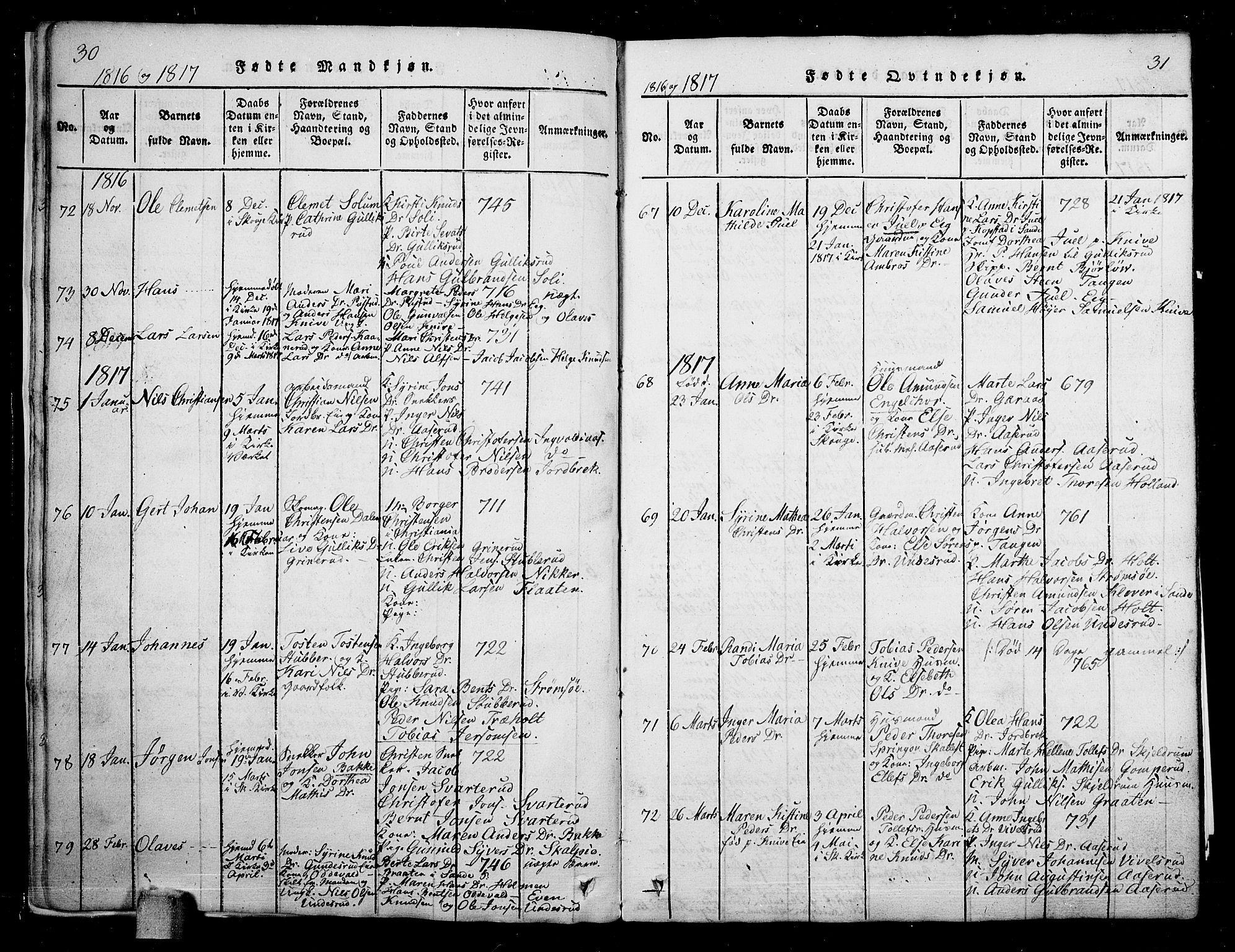 Skoger kirkebøker, SAKO/A-59/G/Ga/L0001: Klokkerbok nr. I 1, 1814-1845, s. 30-31