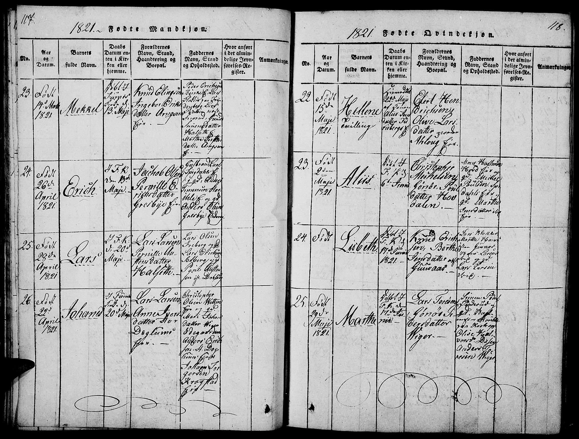 Vang prestekontor, Hedmark, AV/SAH-PREST-008/H/Ha/Haa/L0008: Ministerialbok nr. 8, 1815-1826, s. 117-118