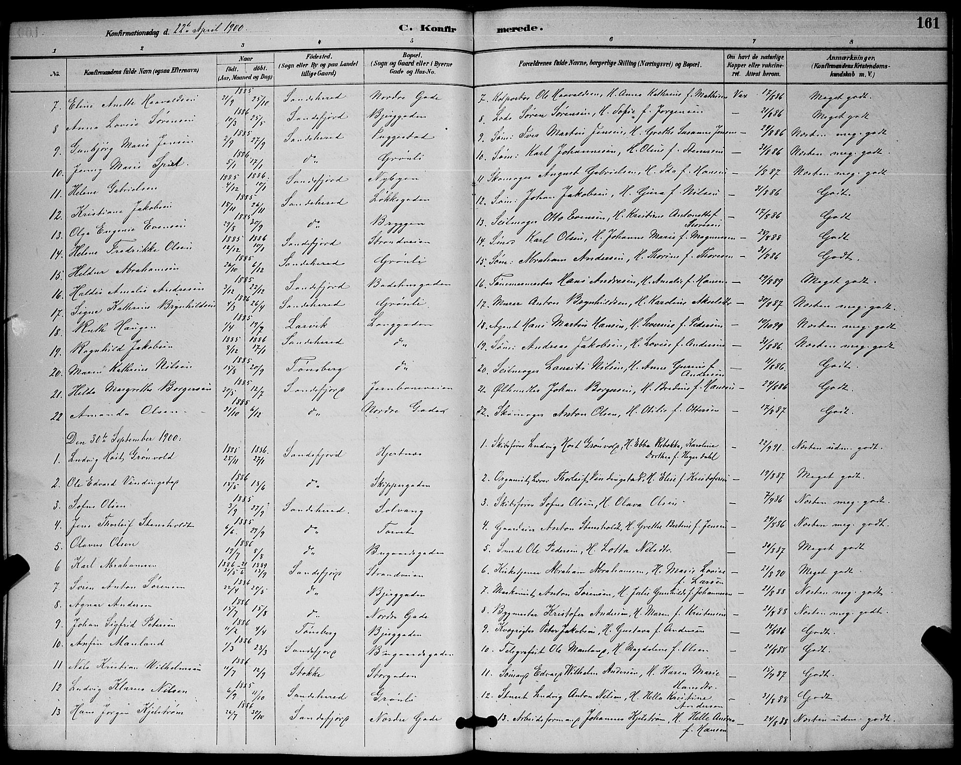 Sandefjord kirkebøker, AV/SAKO-A-315/G/Ga/L0001: Klokkerbok nr. 1, 1885-1903, s. 161