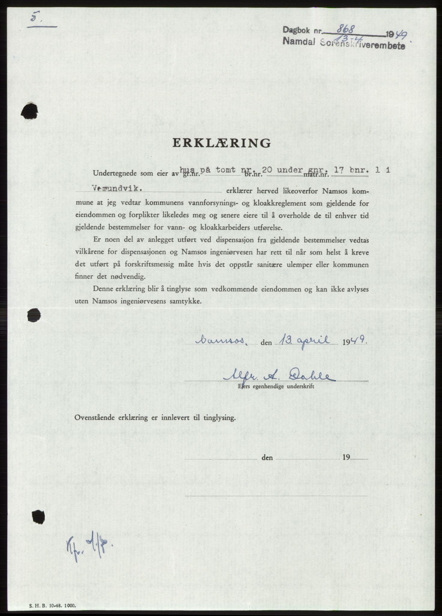 Namdal sorenskriveri, SAT/A-4133/1/2/2C: Pantebok nr. -, 1949-1949, Dagboknr: 868/1949