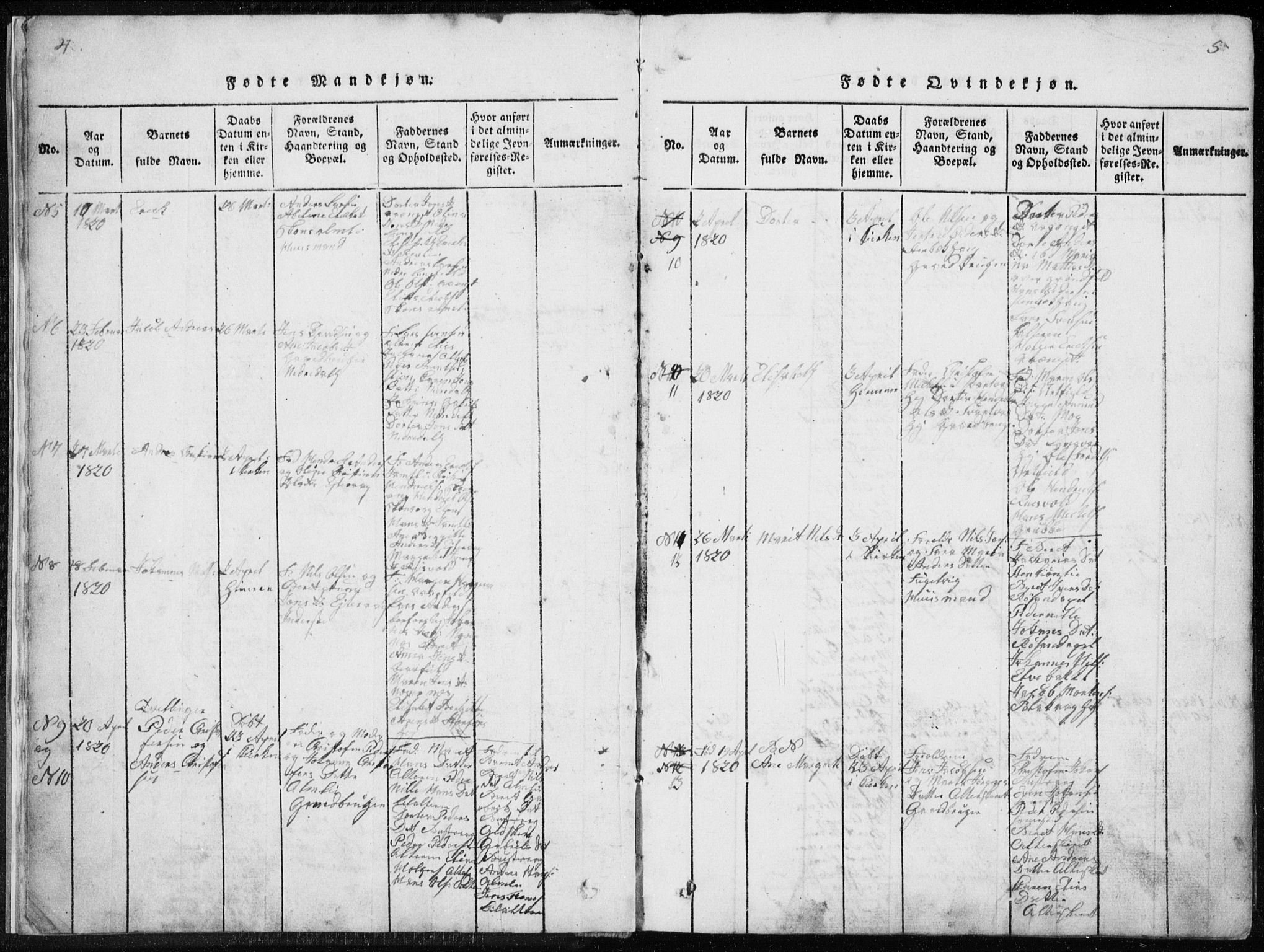 Ministerialprotokoller, klokkerbøker og fødselsregistre - Nordland, AV/SAT-A-1459/827/L0412: Klokkerbok nr. 827C01, 1820-1841, s. 4-5
