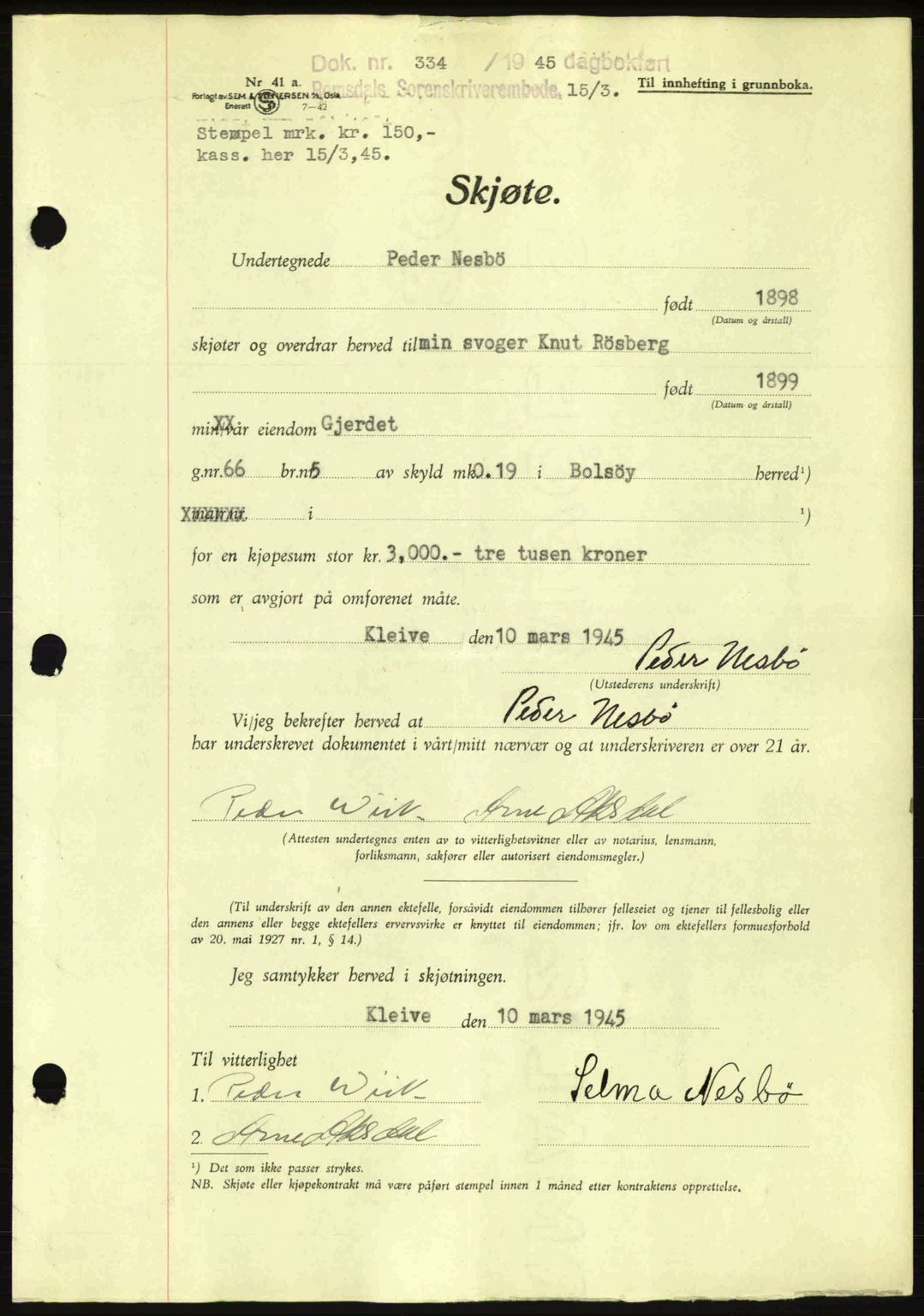 Romsdal sorenskriveri, SAT/A-4149/1/2/2C: Pantebok nr. A17, 1944-1945, Dagboknr: 334/1945