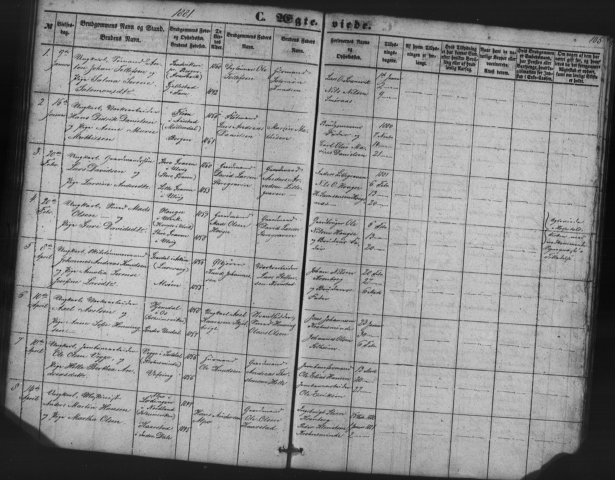 St. Jørgens hospital og Årstad sokneprestembete, AV/SAB-A-99934: Klokkerbok nr. A 7, 1854-1886, s. 105