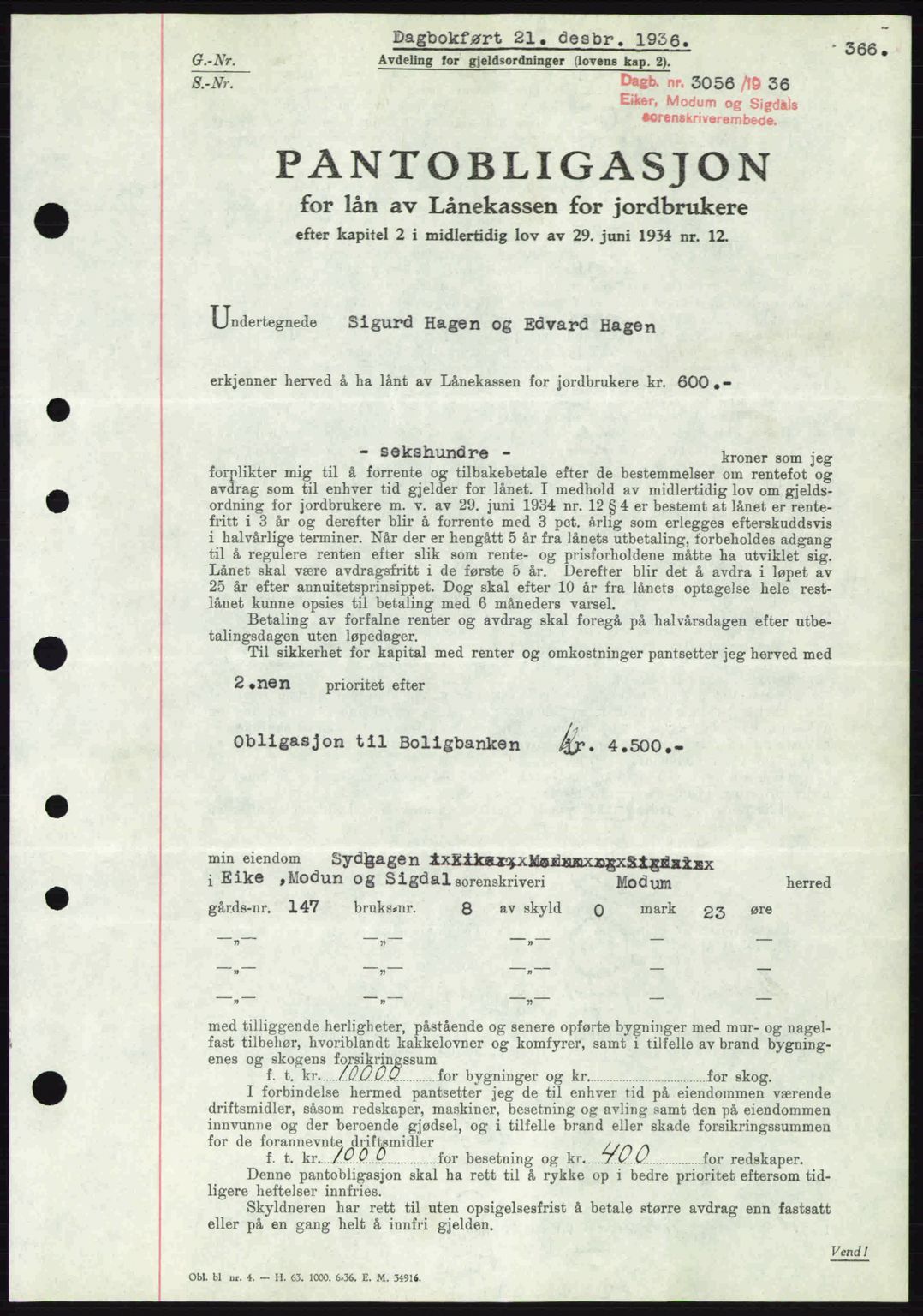 Eiker, Modum og Sigdal sorenskriveri, SAKO/A-123/G/Ga/Gab/L0034: Pantebok nr. A4, 1936-1937, Dagboknr: 3056/1936