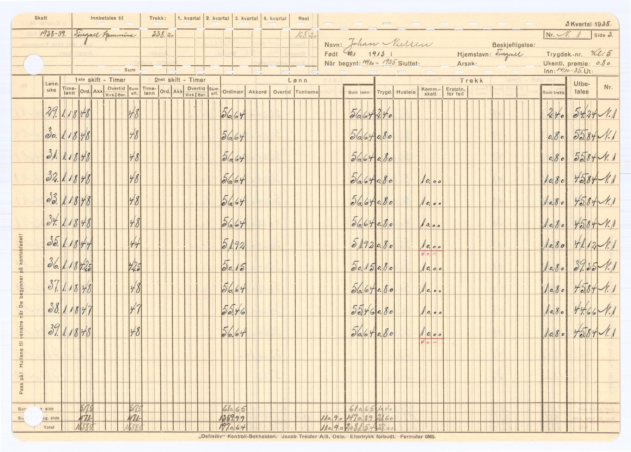 Tingvoll Ullvarefabrikk, IKAM/P-00482/R/Rb/Rbb/L0002/0002: Lønningslister / Lønningslister, 1938