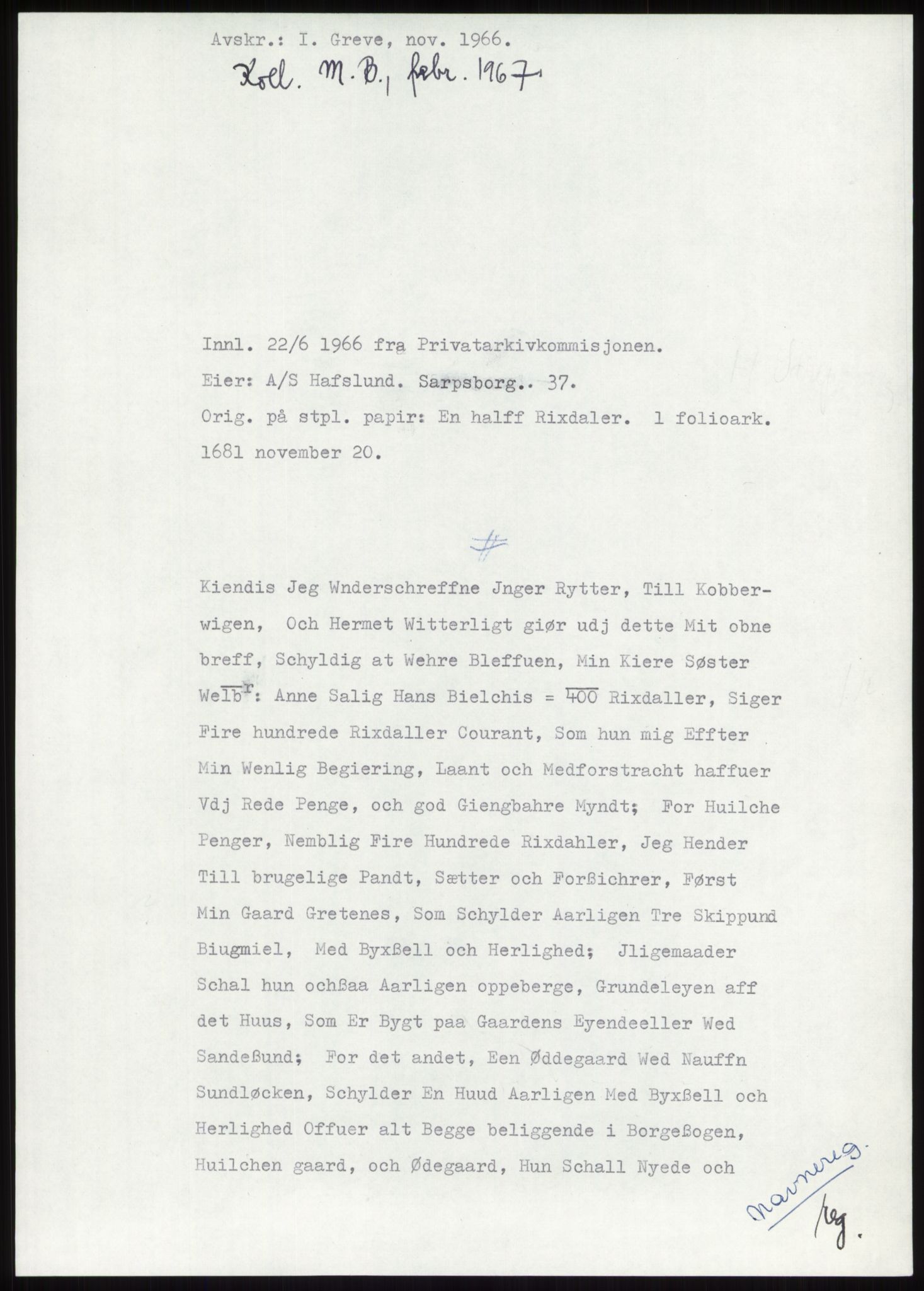 Samlinger til kildeutgivelse, Diplomavskriftsamlingen, AV/RA-EA-4053/H/Ha, s. 272