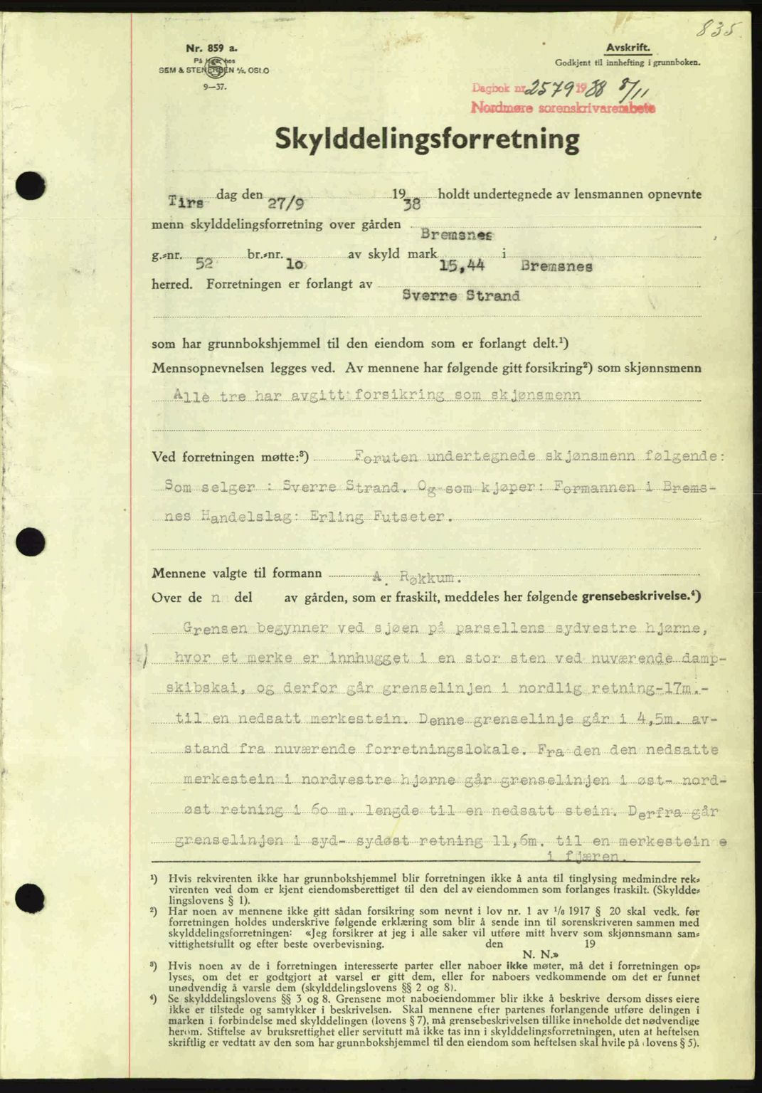 Nordmøre sorenskriveri, SAT/A-4132/1/2/2Ca: Pantebok nr. A84, 1938-1938, Dagboknr: 2579/1938