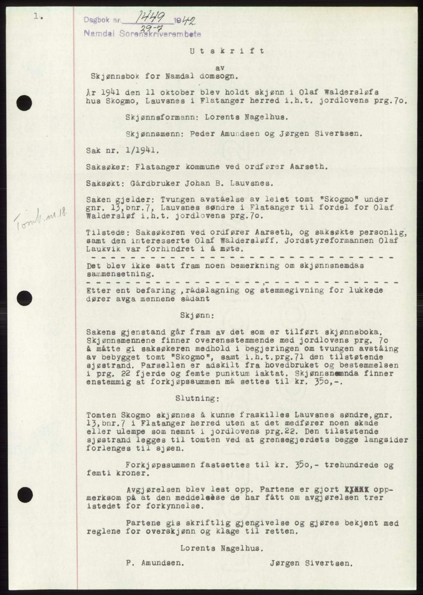 Namdal sorenskriveri, SAT/A-4133/1/2/2C: Pantebok nr. -, 1942-1943, Dagboknr: 1449/1942