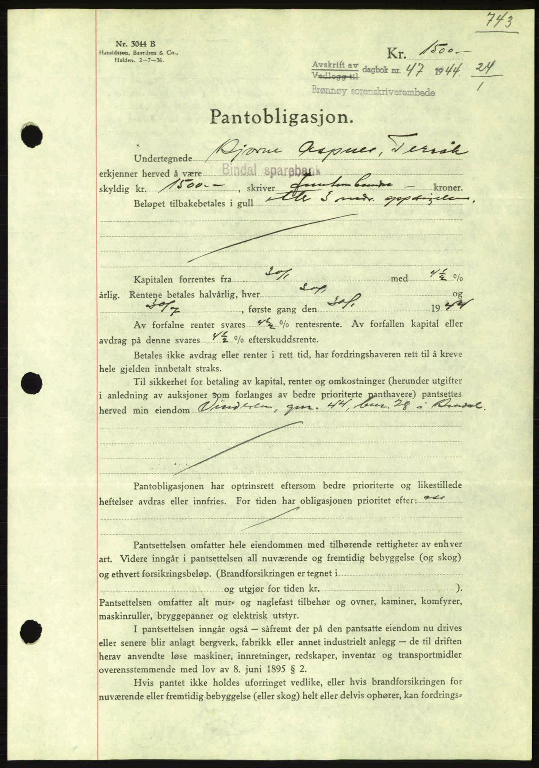 Brønnøy sorenskriveri, SAT/A-4170/1/2/2C: Pantebok nr. 23, 1943-1944, Dagboknr: 47/1944