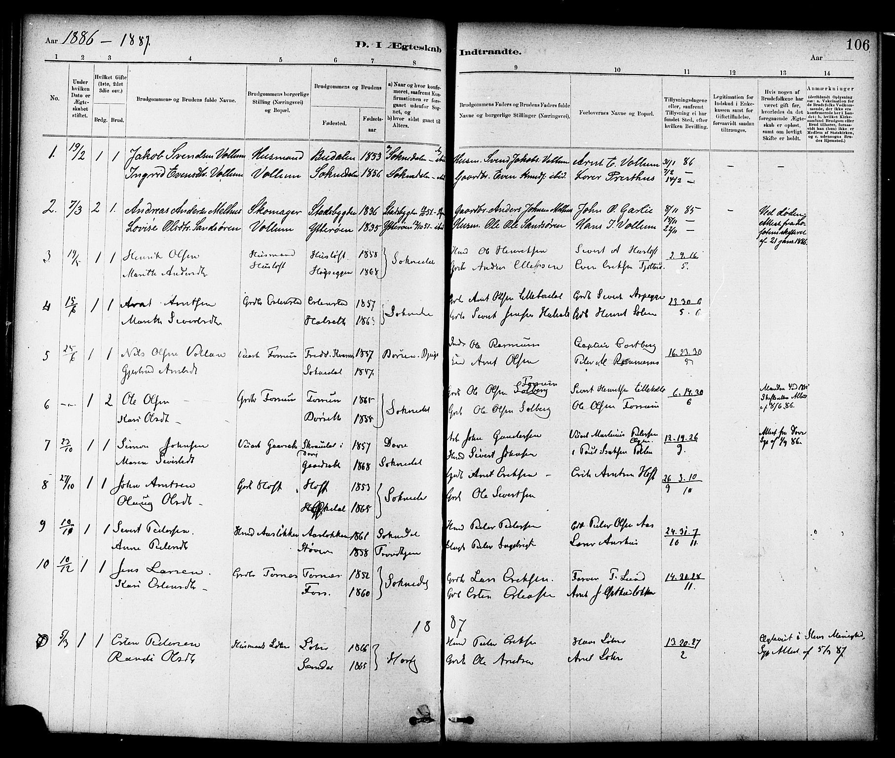 Ministerialprotokoller, klokkerbøker og fødselsregistre - Sør-Trøndelag, AV/SAT-A-1456/689/L1040: Ministerialbok nr. 689A05, 1878-1890, s. 106