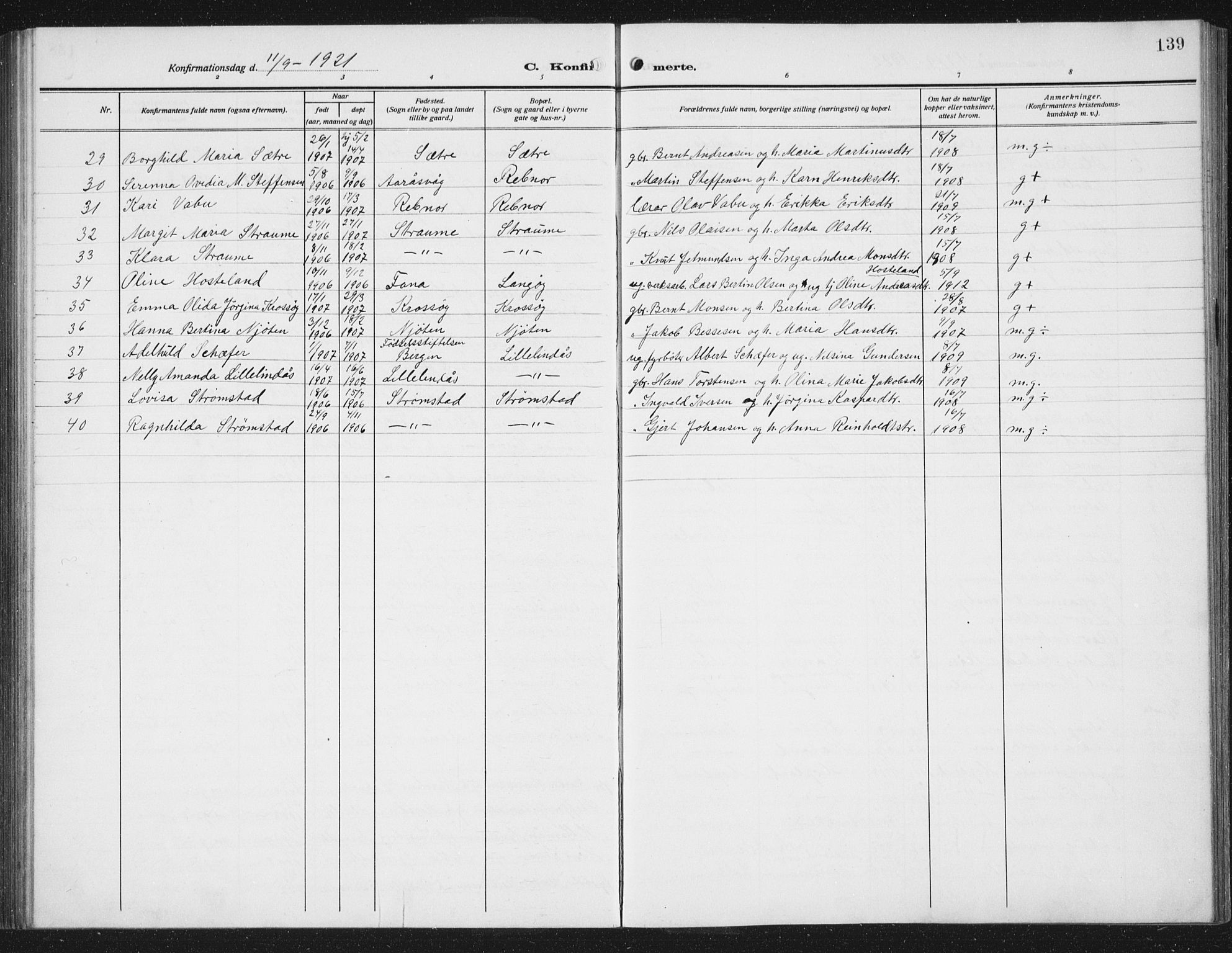 Lindås Sokneprestembete, AV/SAB-A-76701/H/Hab/Habc/L0005: Klokkerbok nr. C 5, 1910-1927, s. 139
