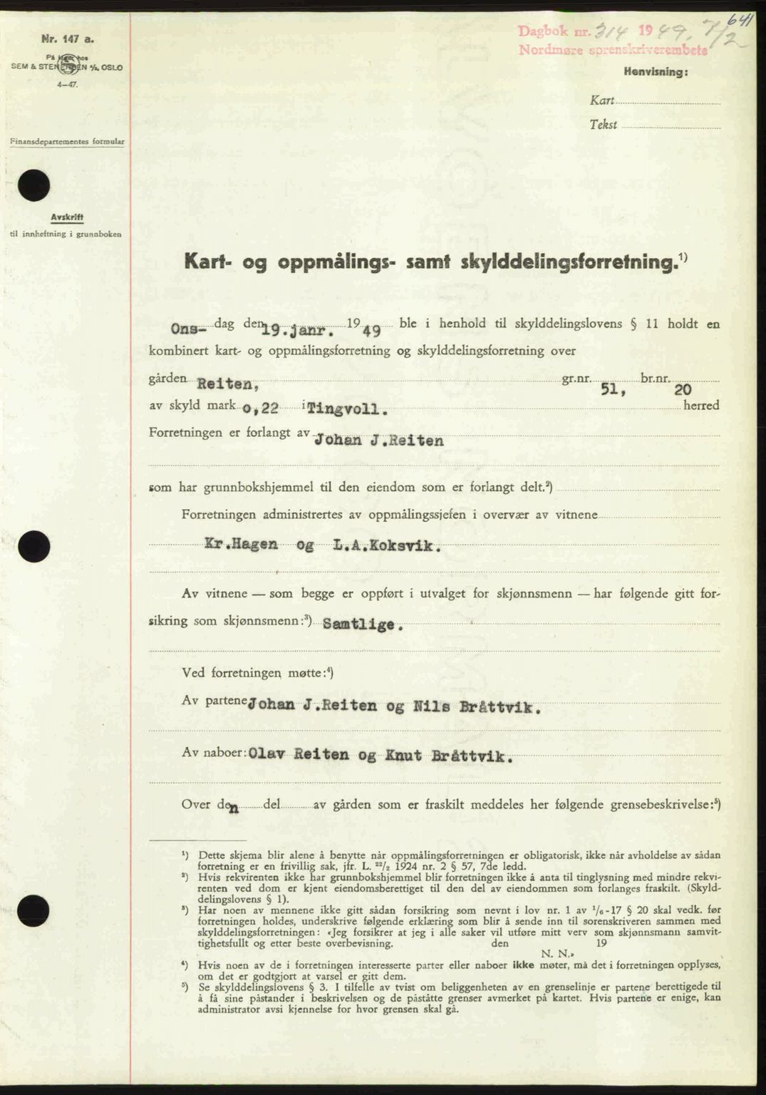 Nordmøre sorenskriveri, SAT/A-4132/1/2/2Ca: Pantebok nr. A110, 1948-1949, Dagboknr: 314/1949